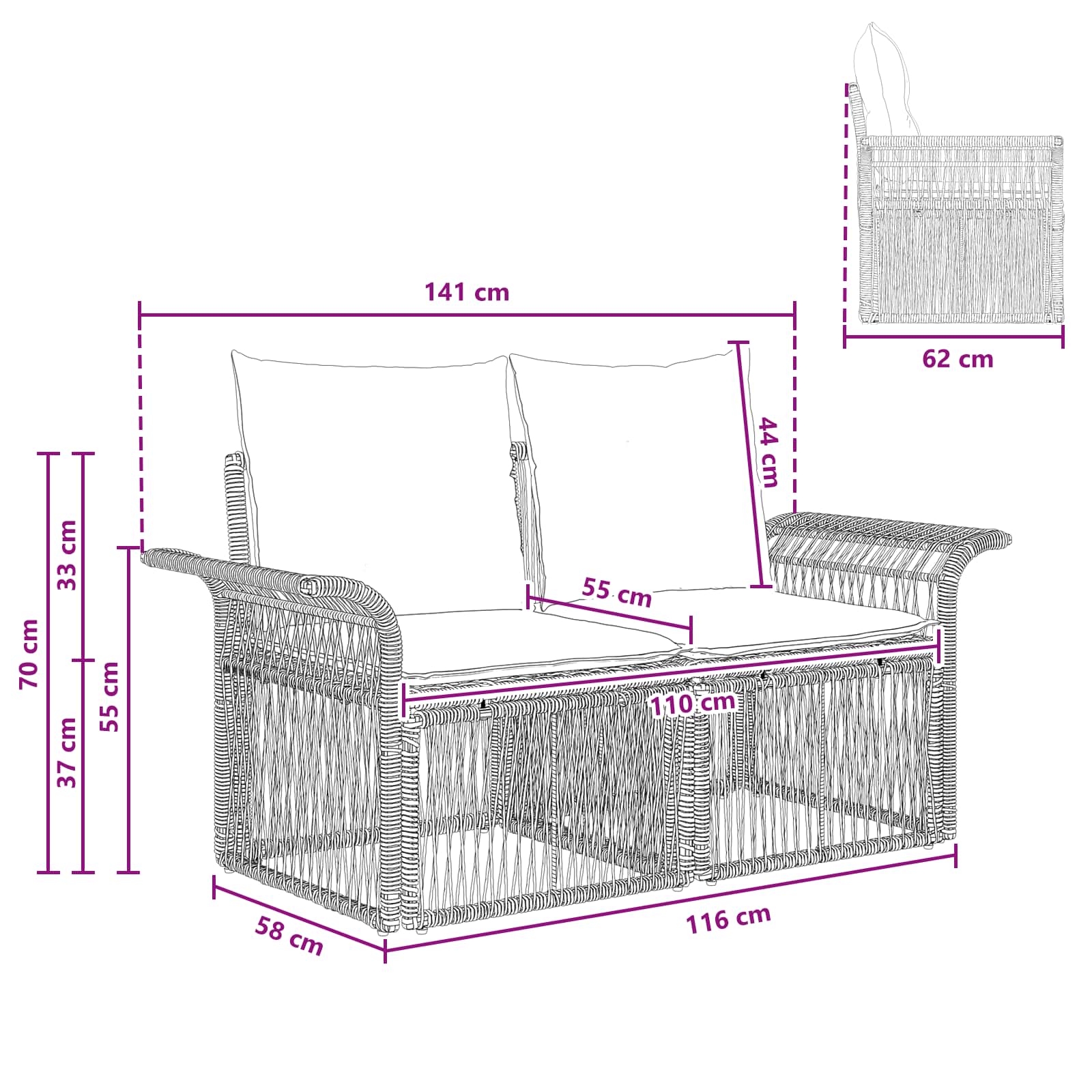 Sodo sofa 2-Vietų skaičius Juoda poliratanas