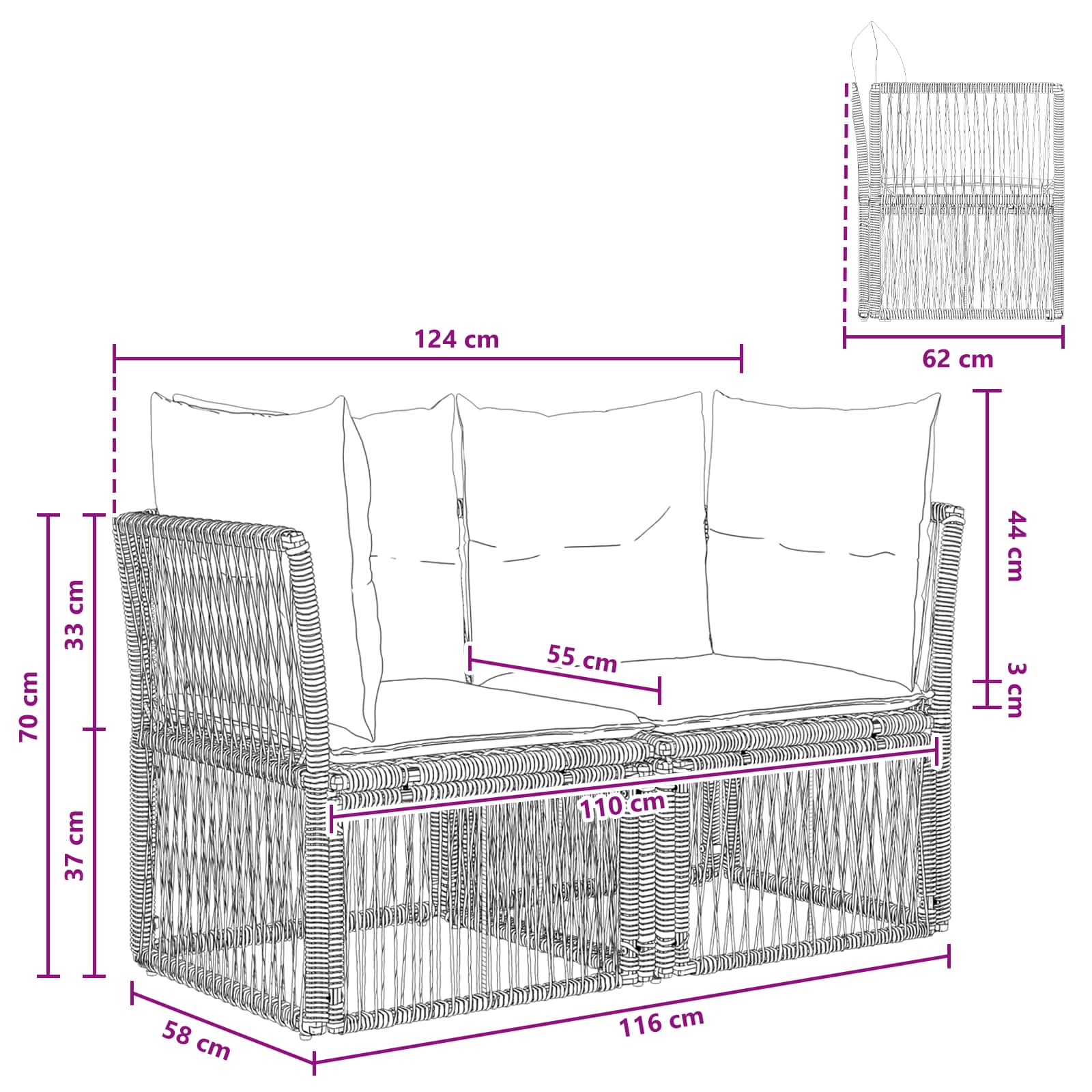 Sodo sofa 2-Vietų skaičius Juoda poliratanas