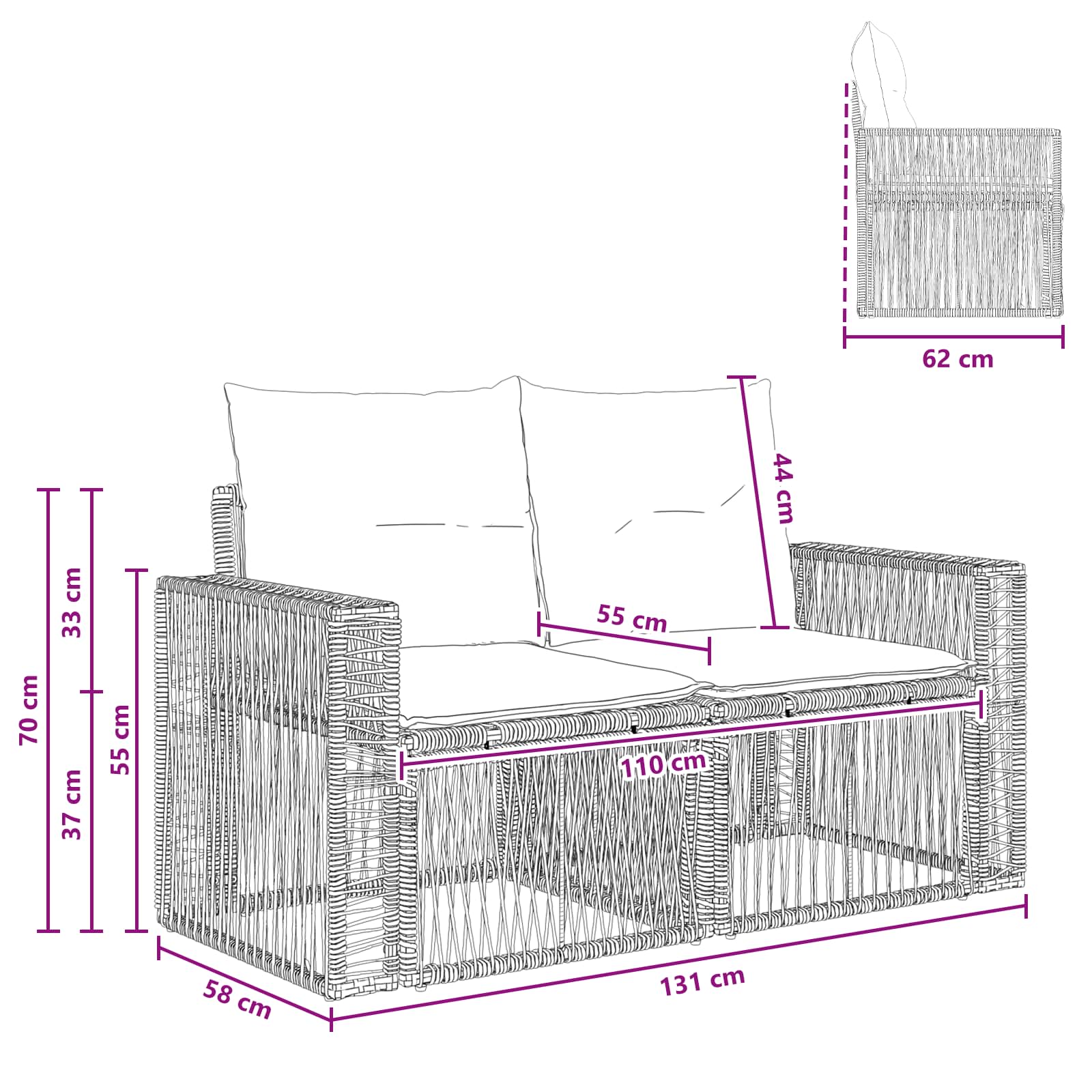 Sodo sofa 2-Vietų skaičius Juoda poliratanas