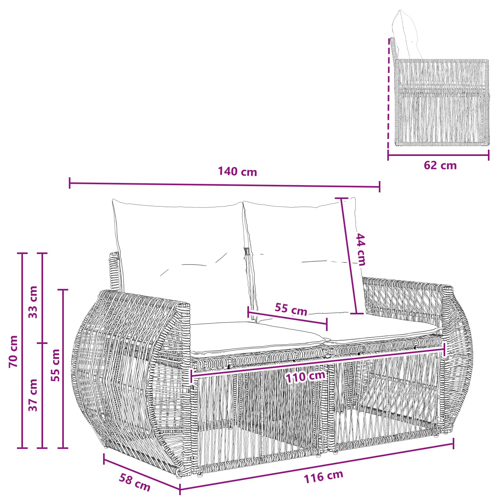 Sodo sofa 2-Vietų skaičius Pilka poliratanas