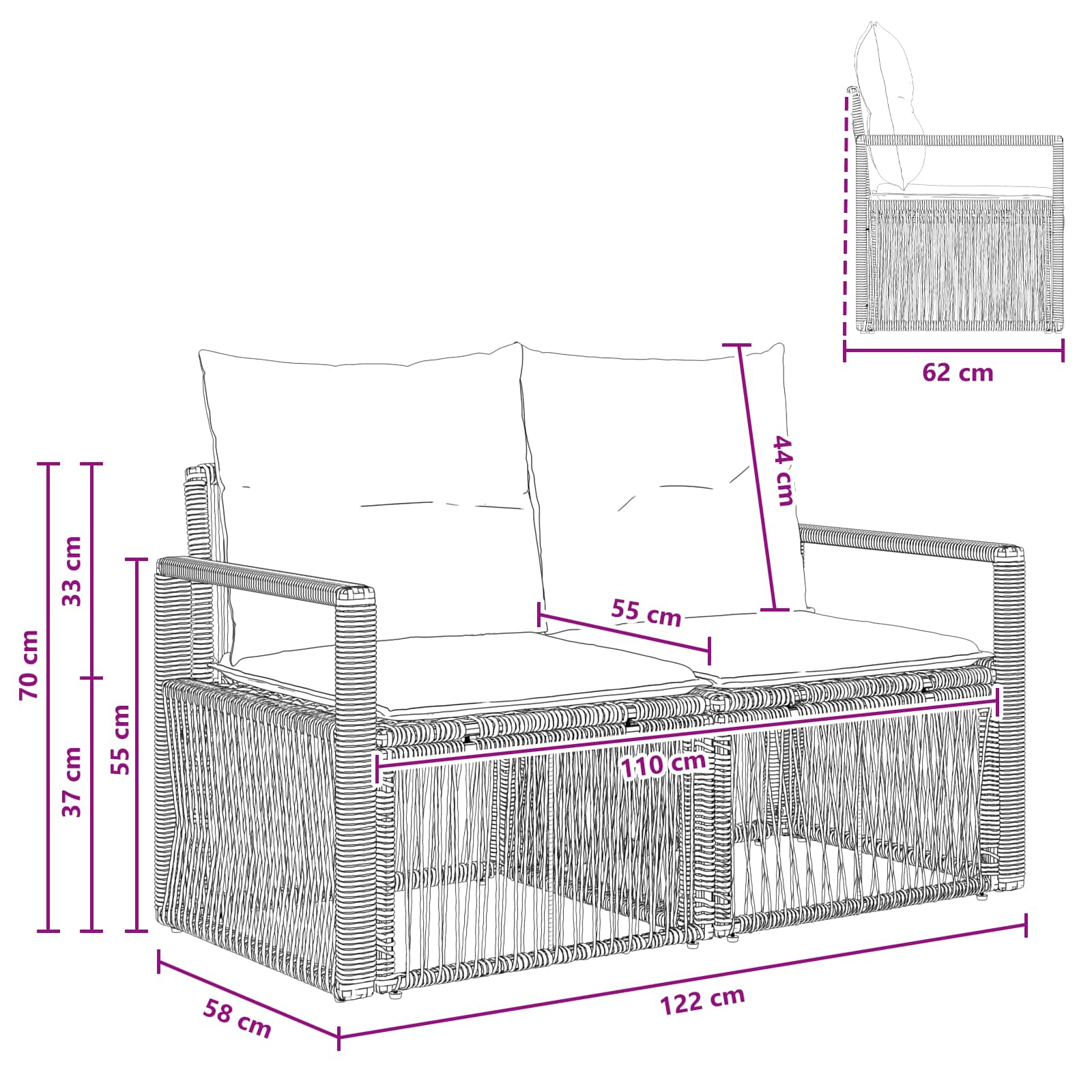 Sodo sofa 2-Vietų skaičius Juoda poliratanas