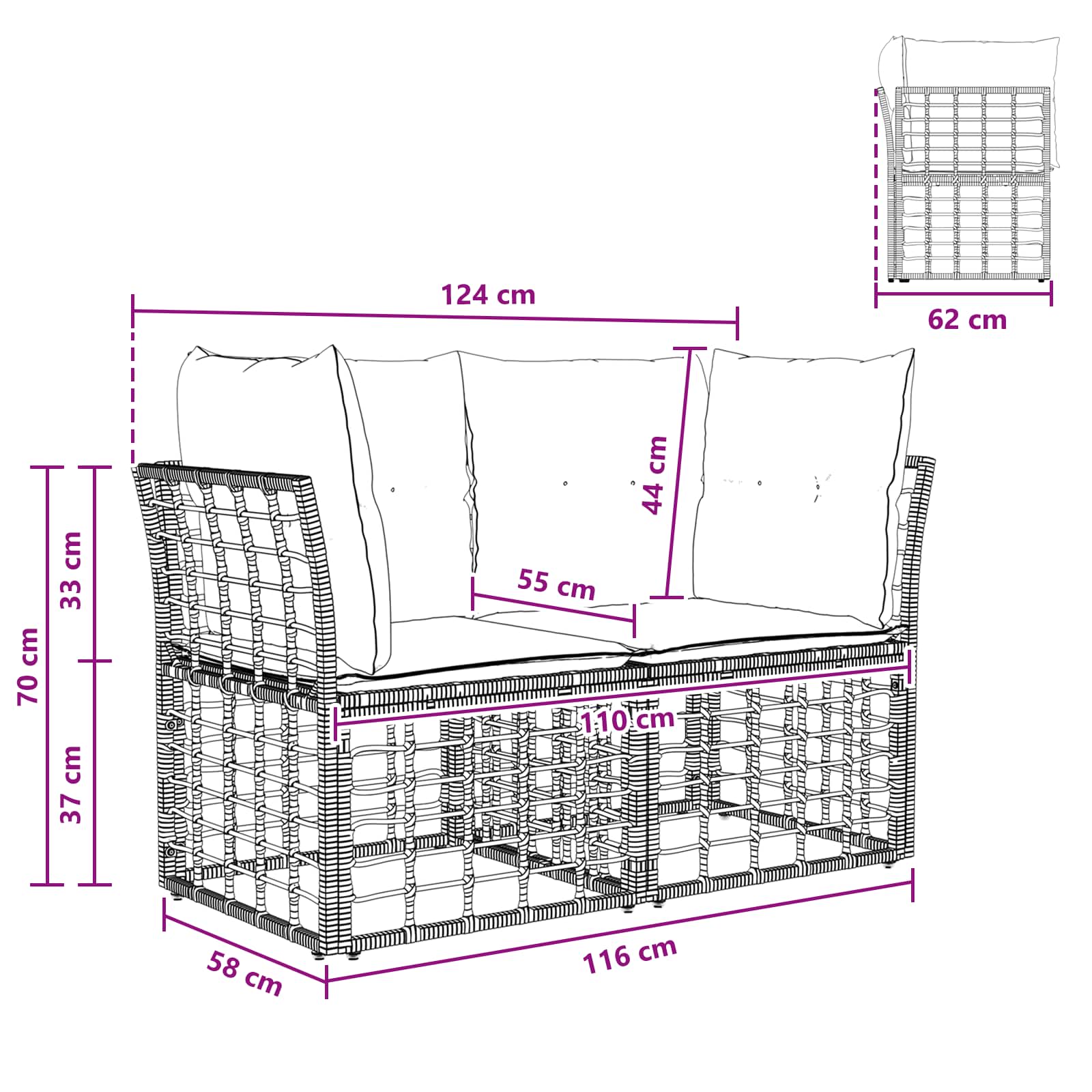 Lauko meilės sėdynė 2 pcs Juoda ir tamsiai pilka poliratanas