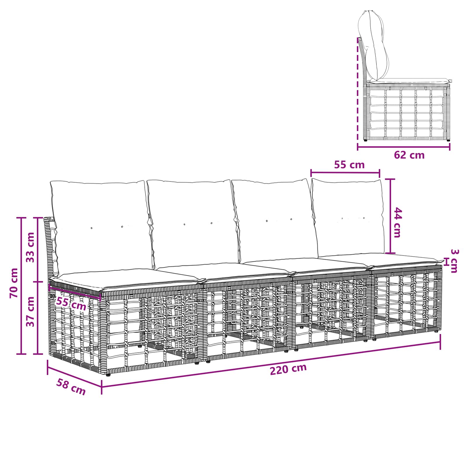 4 sėdimų vietų sodo sofa be rankų 4 pcs 4-Vietų skaičius