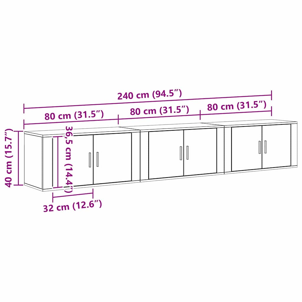 Sieninio televizoriaus kabineto komplektas 3 pcs Juodas ąžuolas