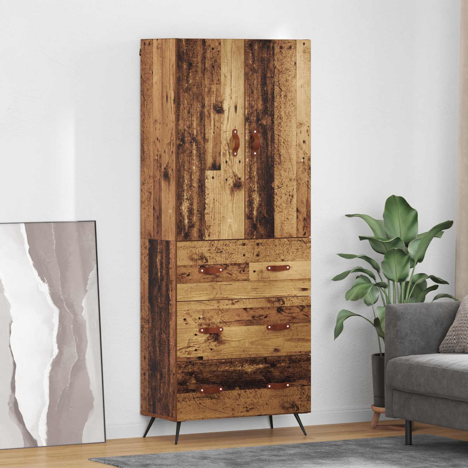 High cabinet with drawers Antique wood 69.5 x 34 x 180 cm