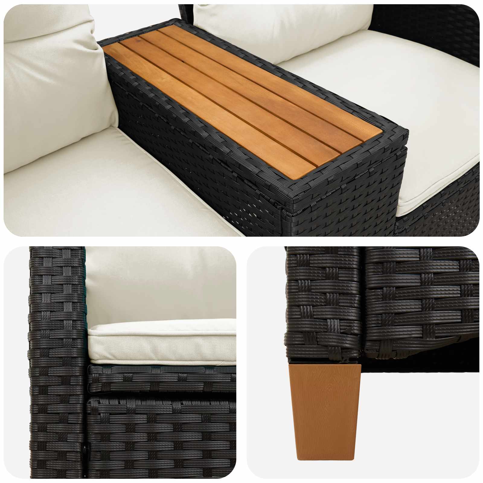 Reclining Bench with Table Juoda ir kreminė balta poliratanas