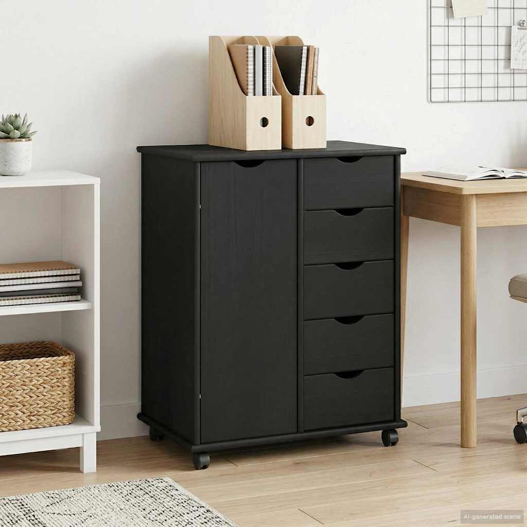 Wheeled Cabinet Black 63.5 x 39 x 79 cm Solid Pine Wood