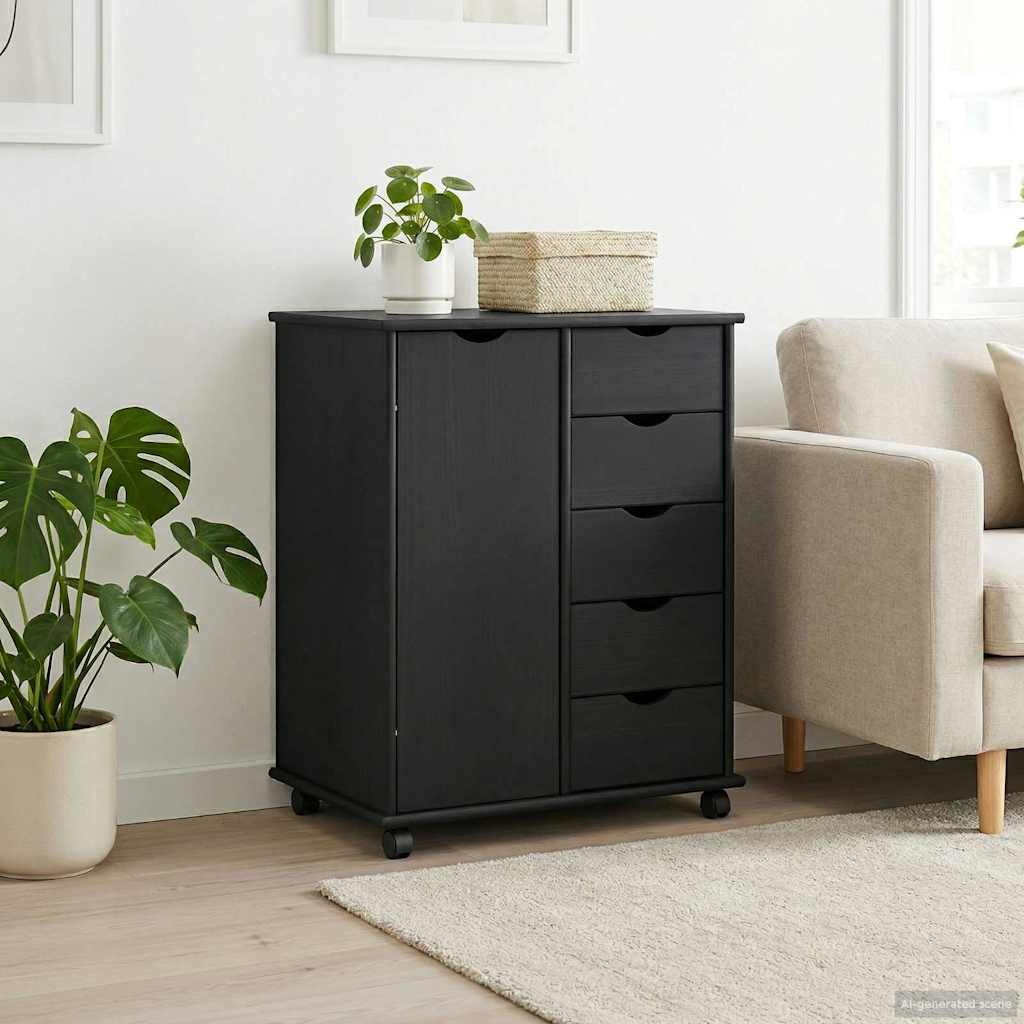 Wheeled Cabinet Black 63.5 x 39 x 79 cm Solid Pine Wood