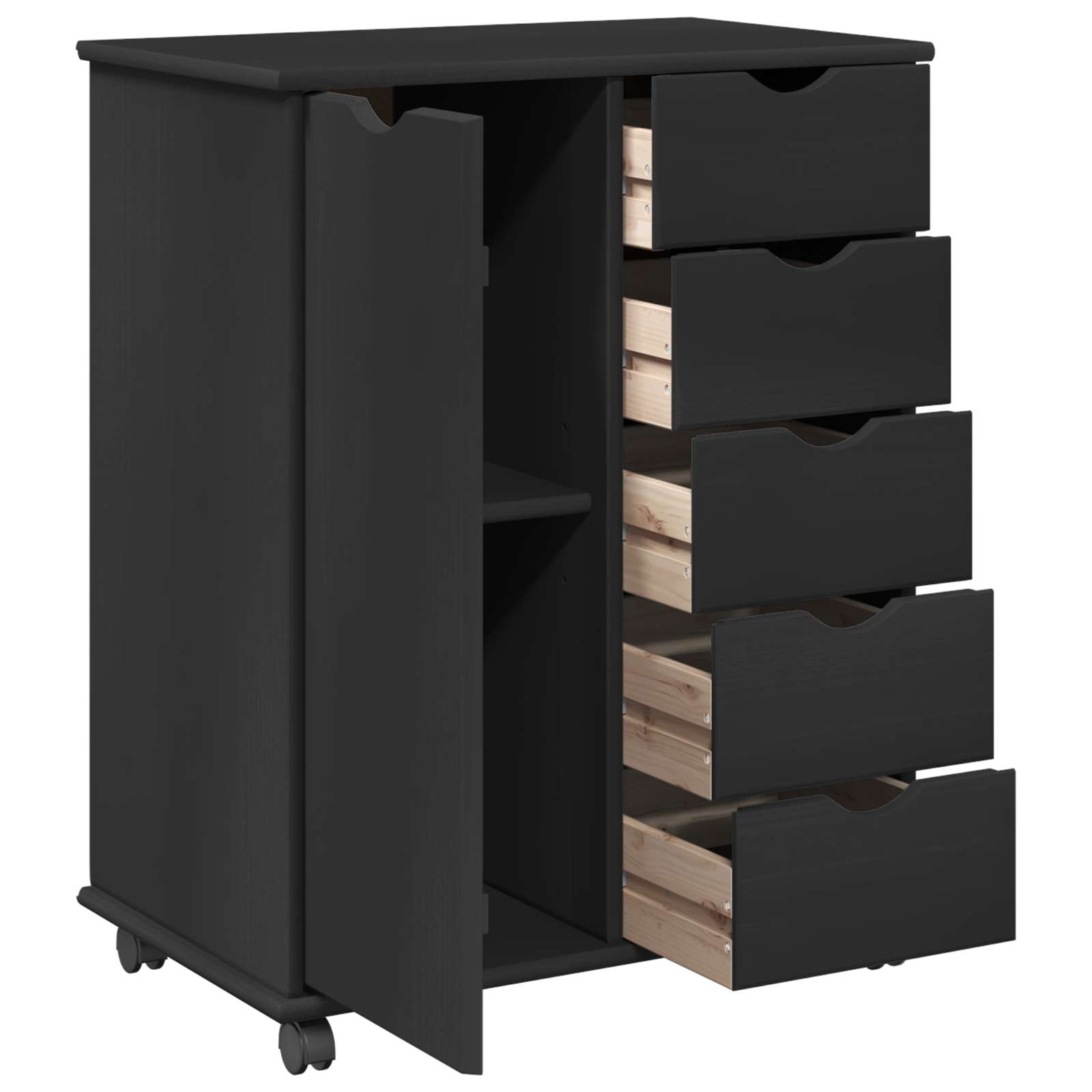 Wheeled Cabinet Black 63.5 x 39 x 79 cm Solid Pine Wood