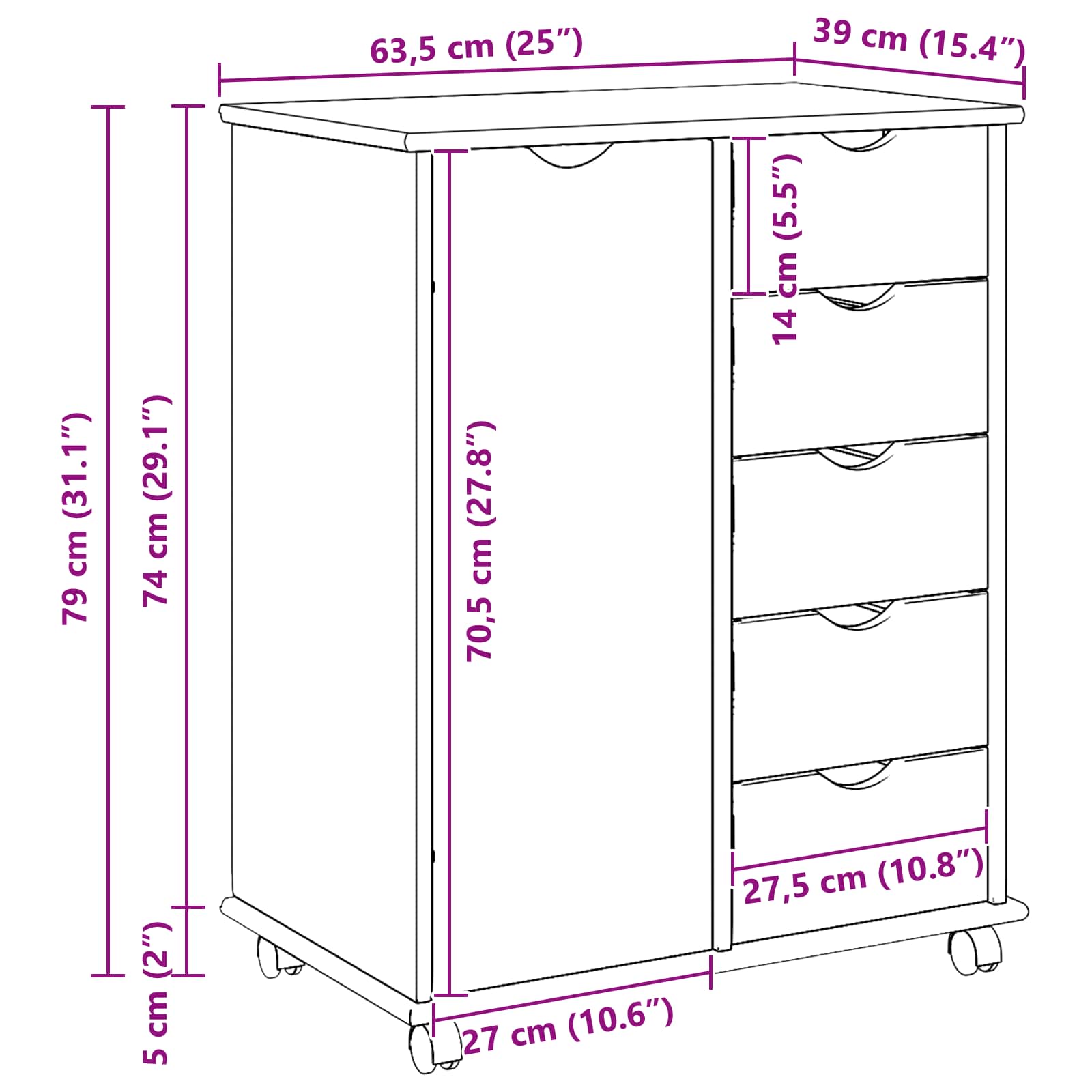Wheeled Cabinet Black 63.5 x 39 x 79 cm Solid Pine Wood