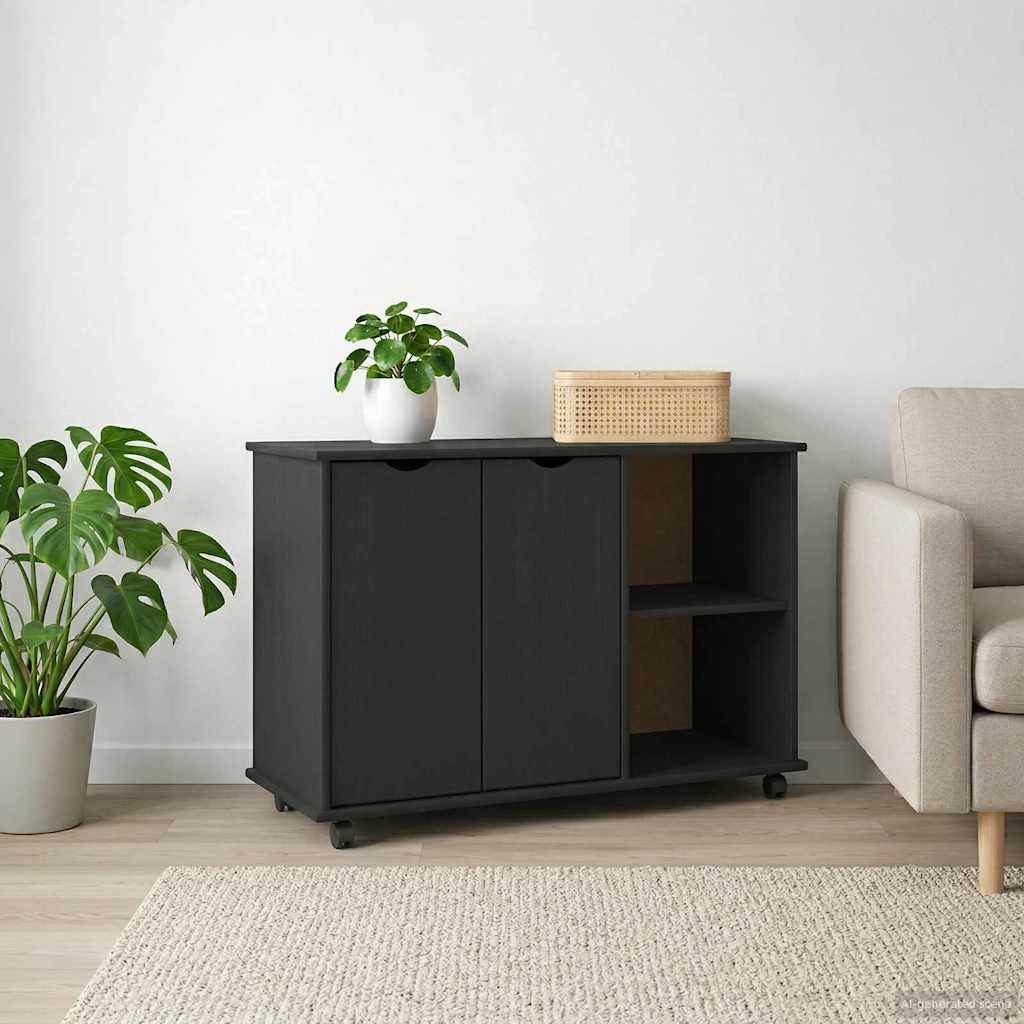Skapītis ar ritentiņiem, melns 100 x 39 x 65,5 cm, priedes masīvkoks