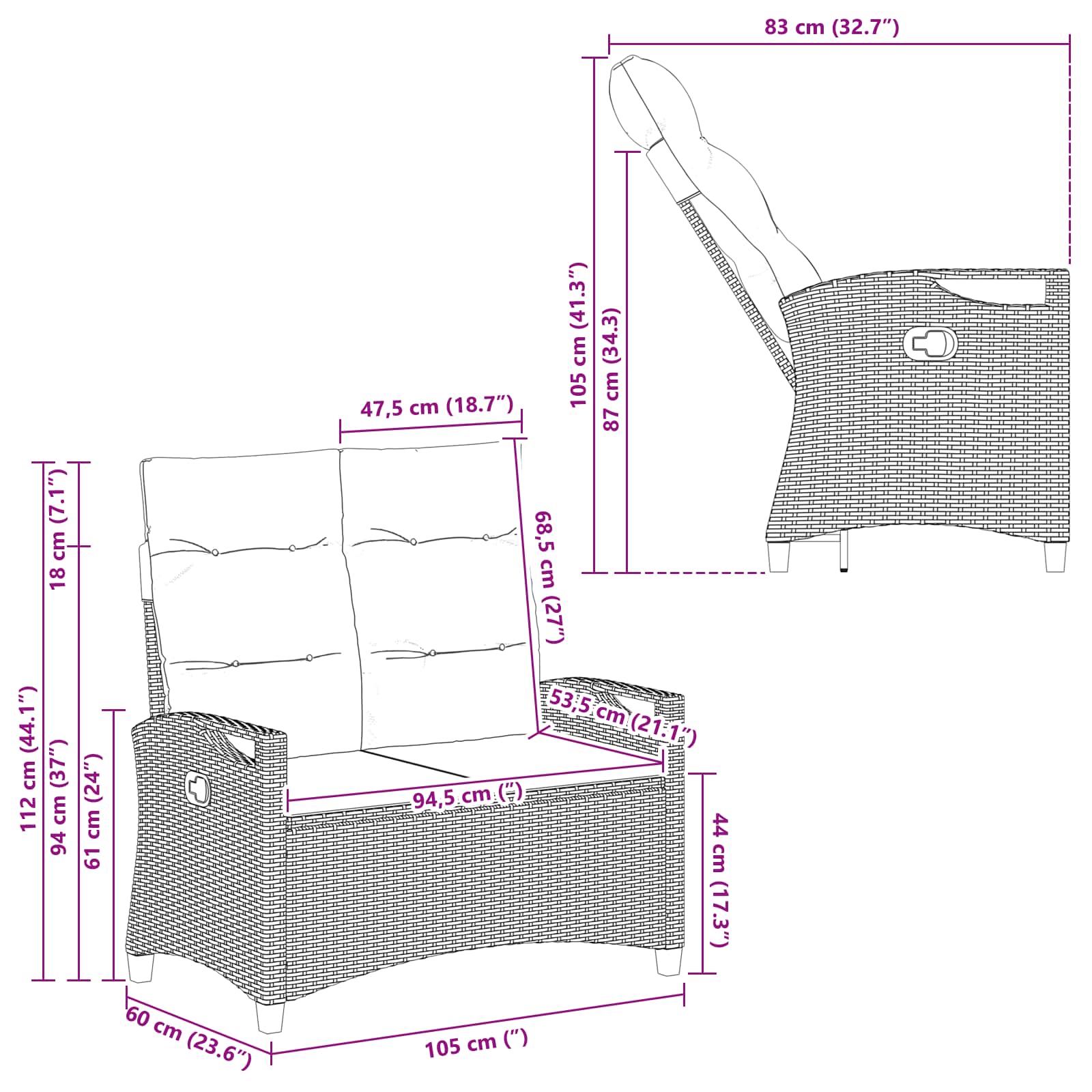 Sodo suolas su pagalve Juoda ir kreminė 105 x 60 x 112 cm