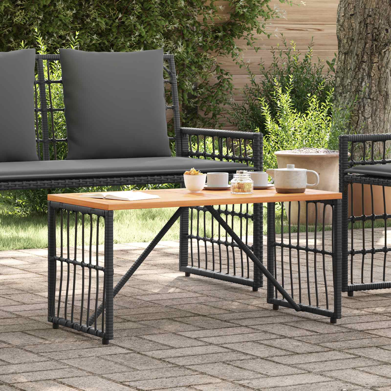 Lauko stalas Juodas 80 x 40 x 40 cm Plienas ir poli ratanas
