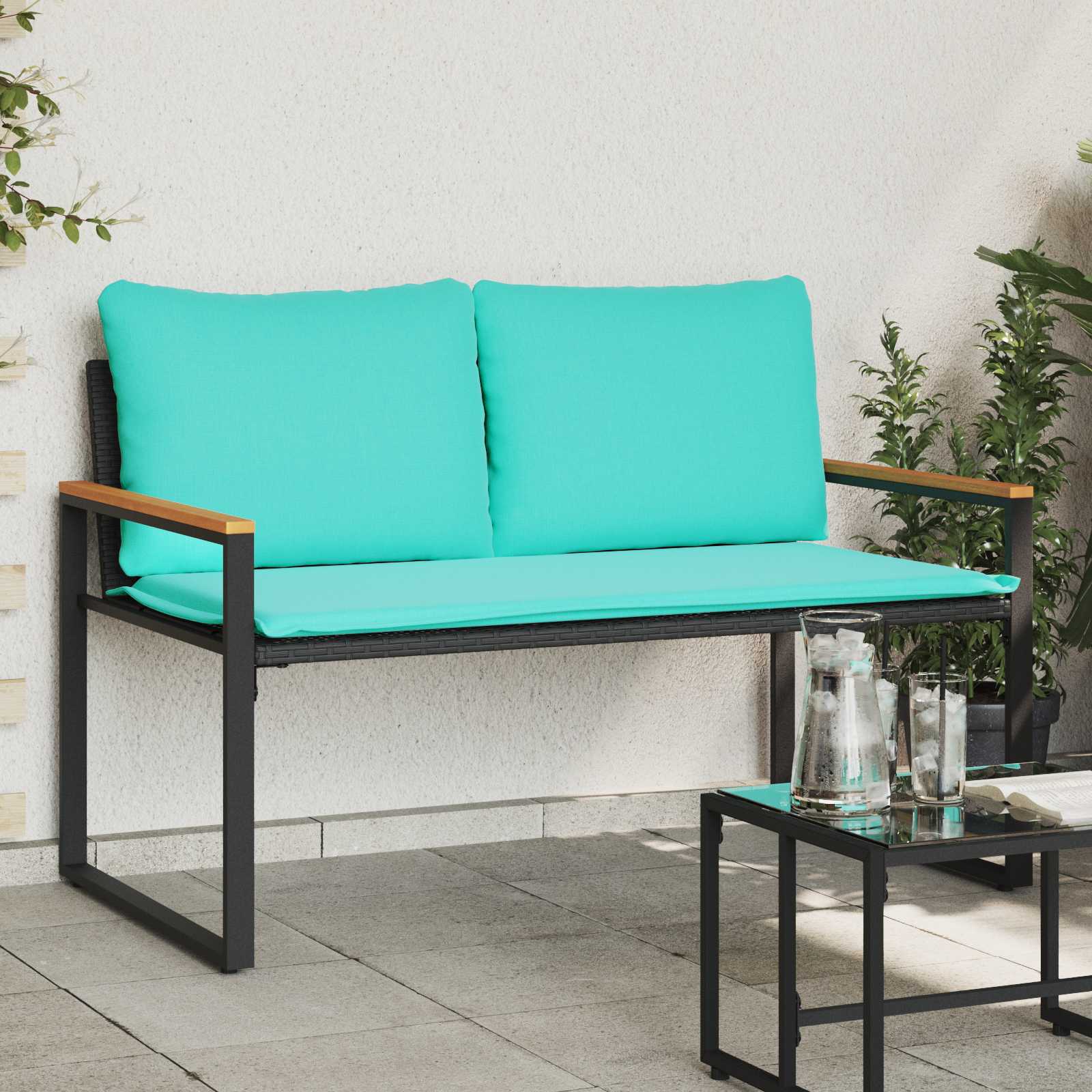 Bench with pillow Black and turquoise 115 x 65 x 72 cm Rattan