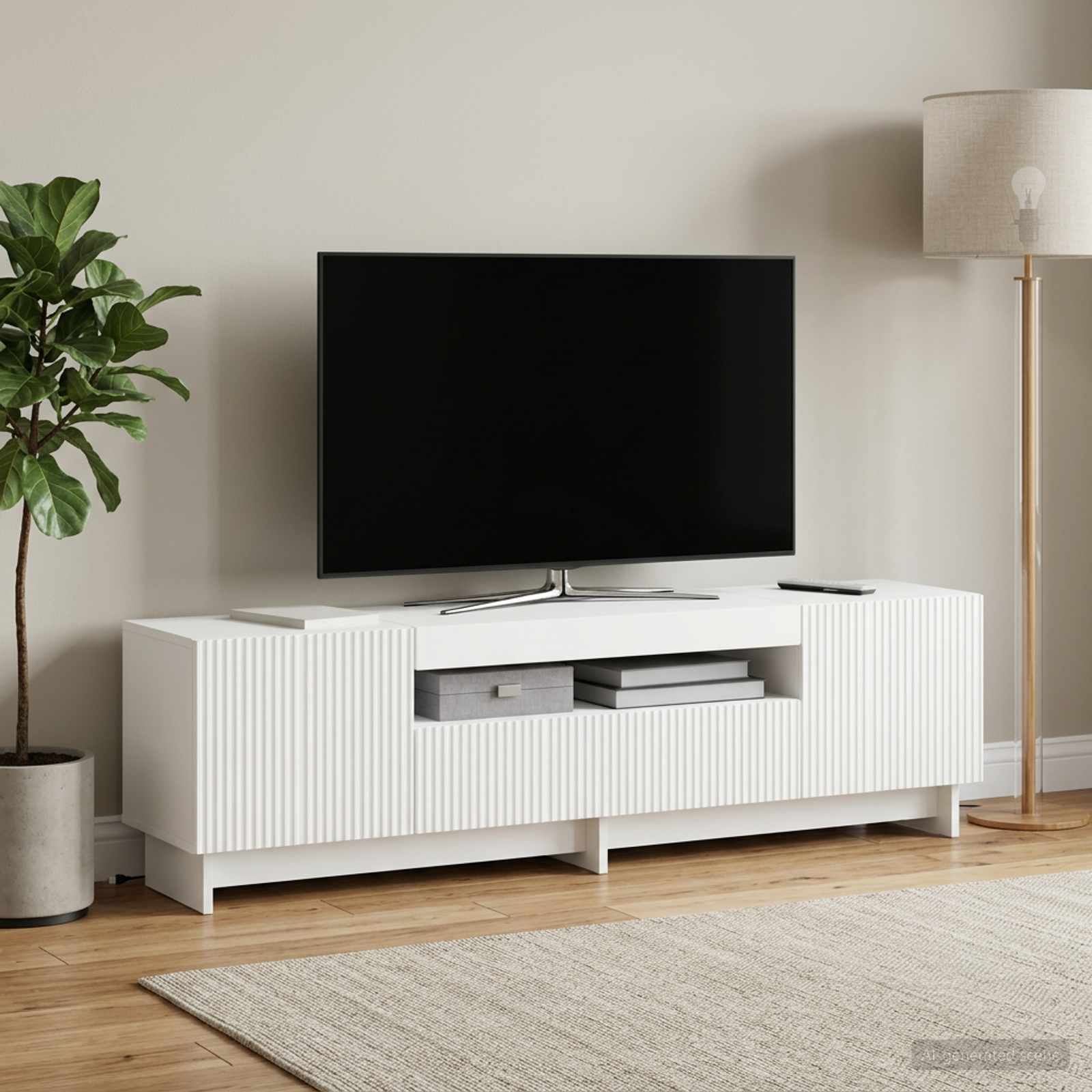 LED televizoriaus spintelė Balta Apdirbta mediena