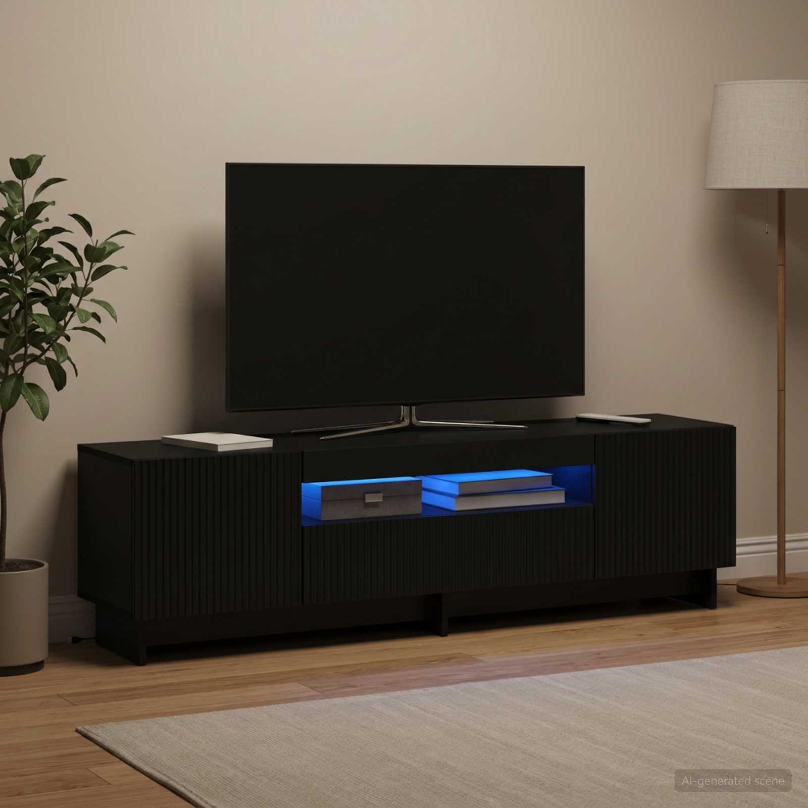 LED televizoriaus spintelė Juoda Apdirbta mediena