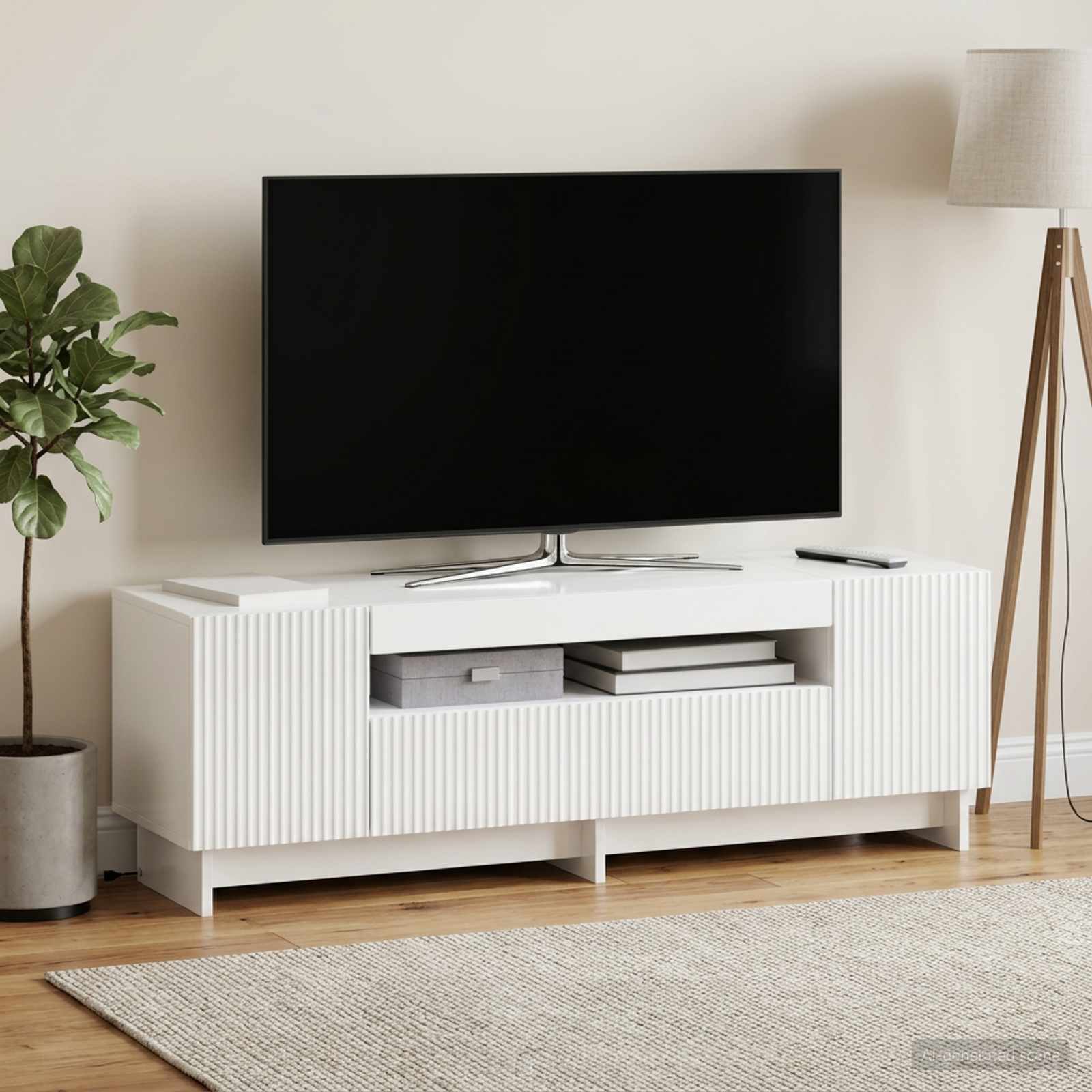 LED televizoriaus spintelė Itin blizgi balta Apdirbta mediena