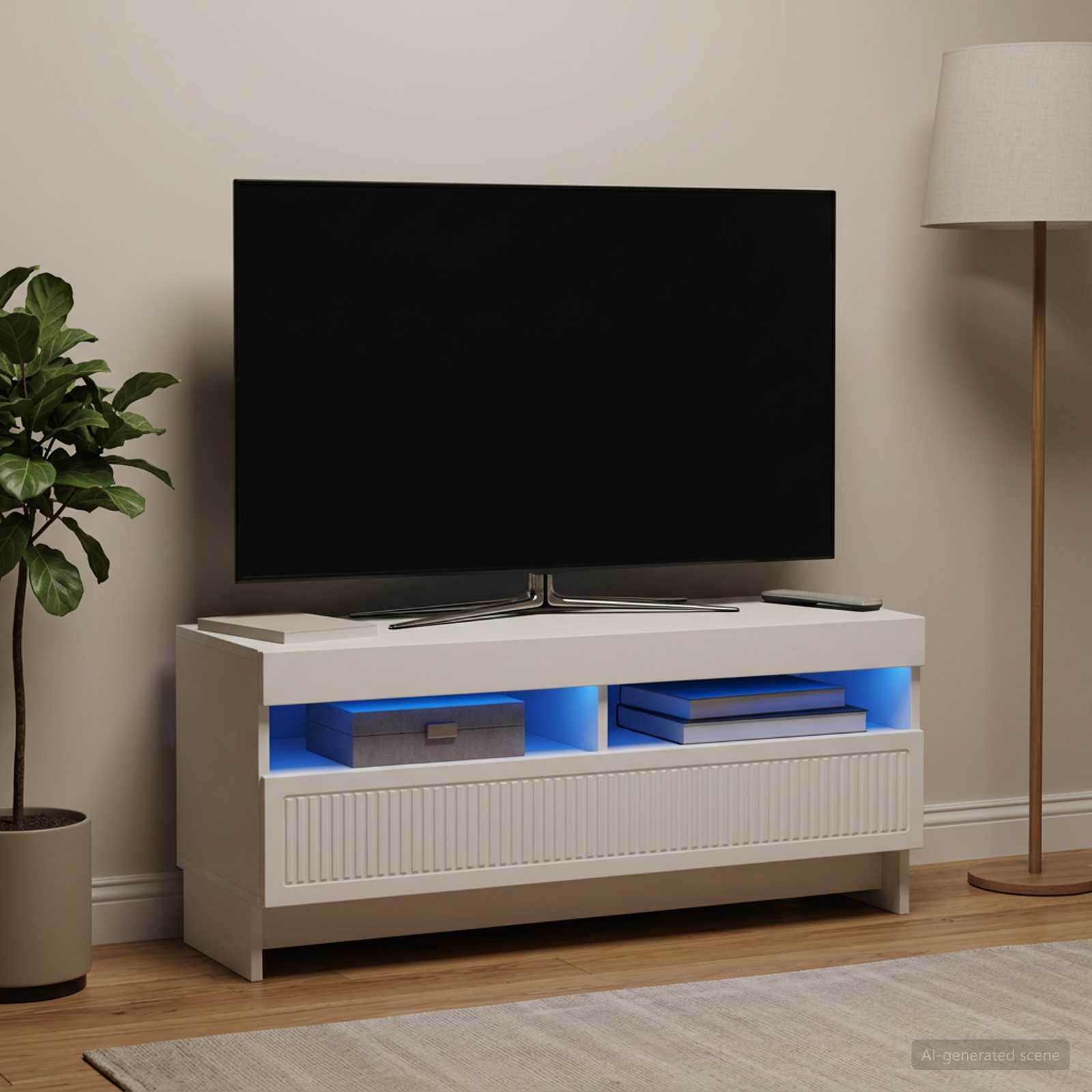 LED televizoriaus spintelė Balta Apdirbta mediena