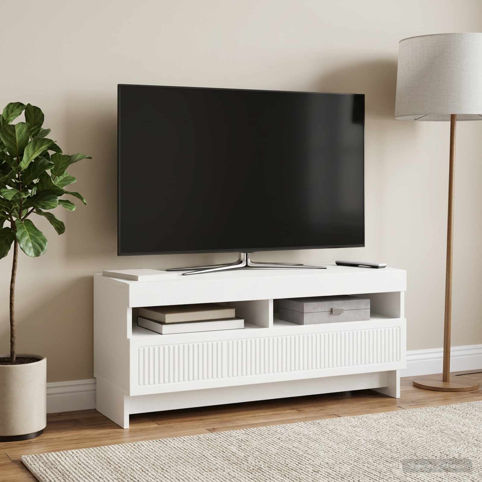 LED televizoriaus spintelė Balta Apdirbta mediena
