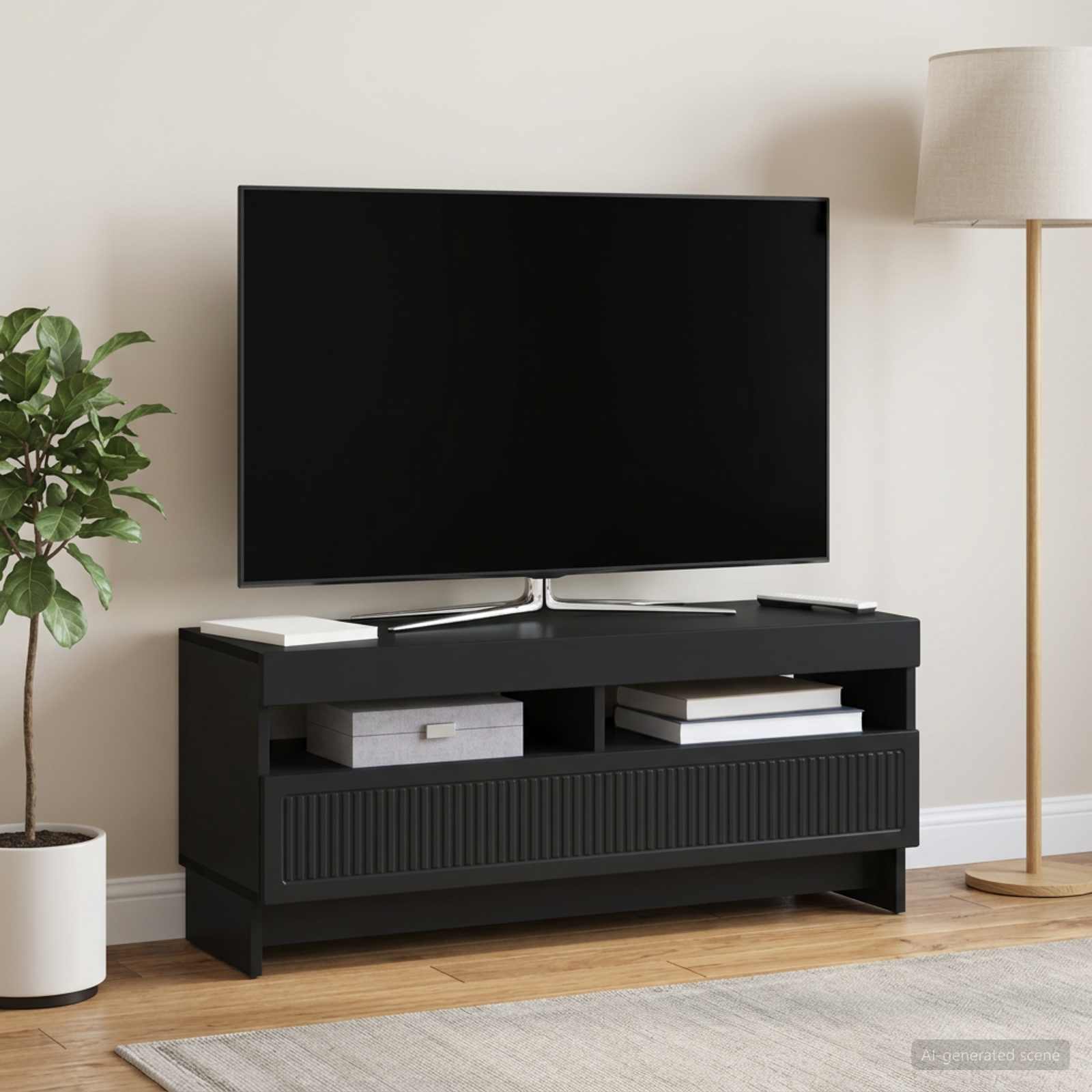 LED televizoriaus spintelė Juoda Apdirbta mediena