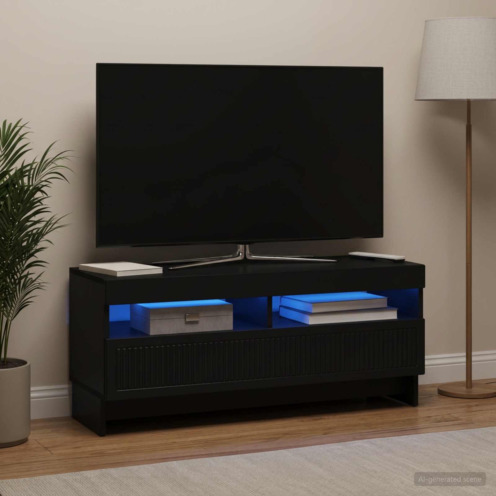 LED televizoriaus spintelė Juoda Apdirbta mediena