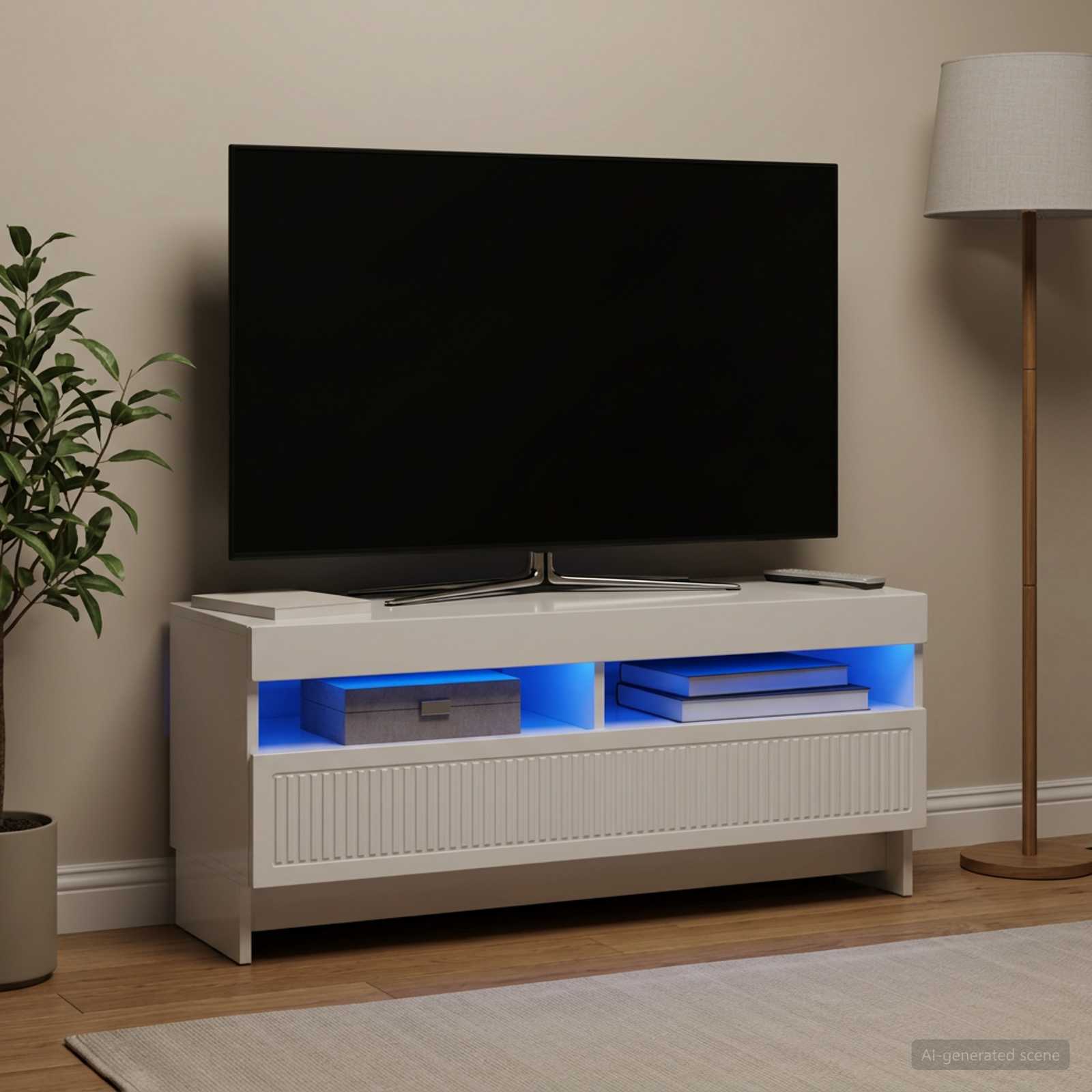 LED televizoriaus spintelė Itin blizgi balta Apdirbta mediena