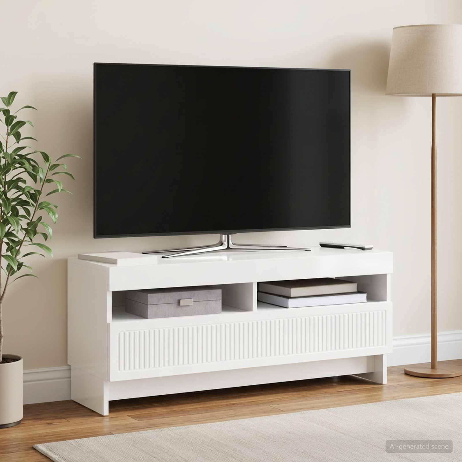 LED televizoriaus spintelė Itin blizgi balta Apdirbta mediena
