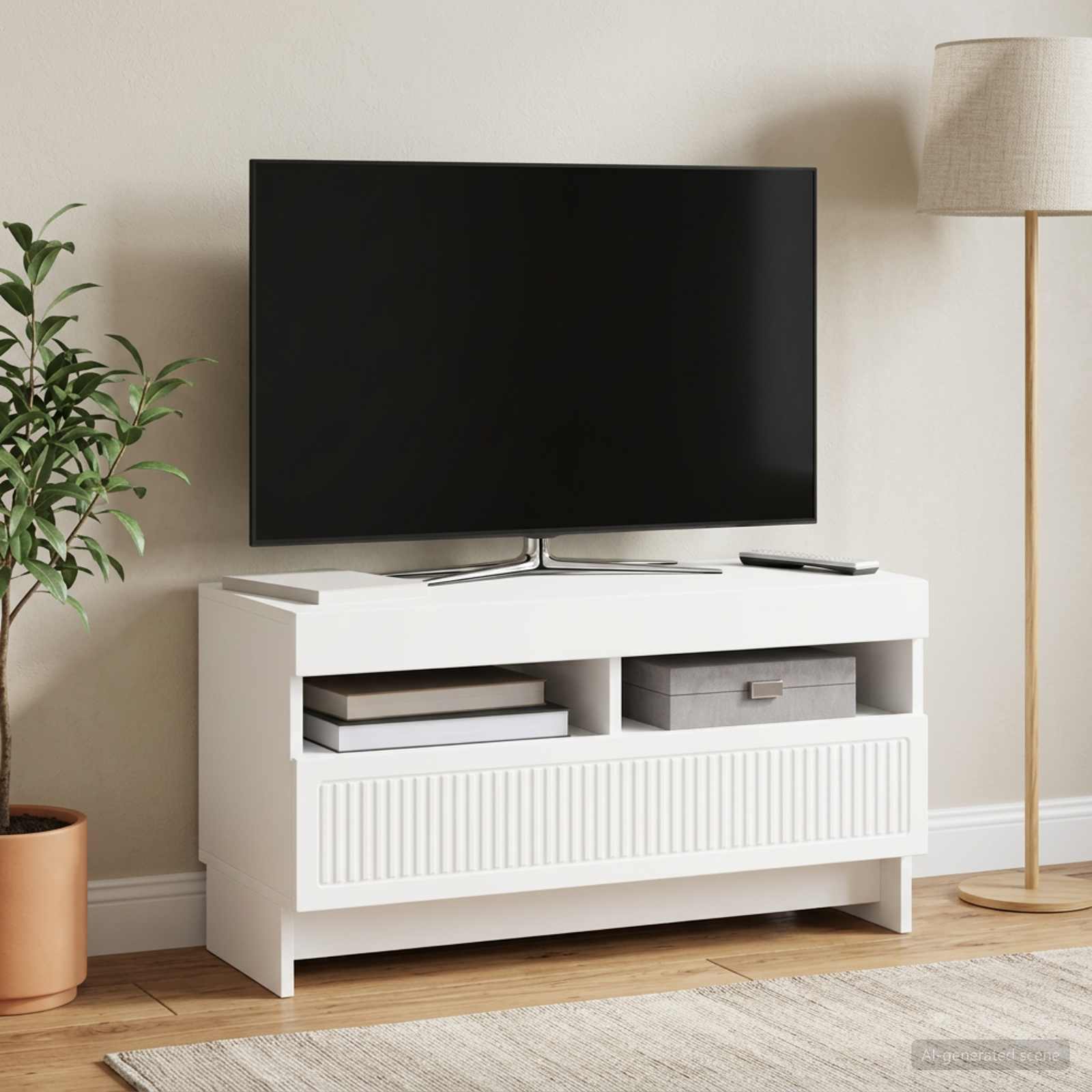 LED televizoriaus spintelė Balta Apdirbta mediena