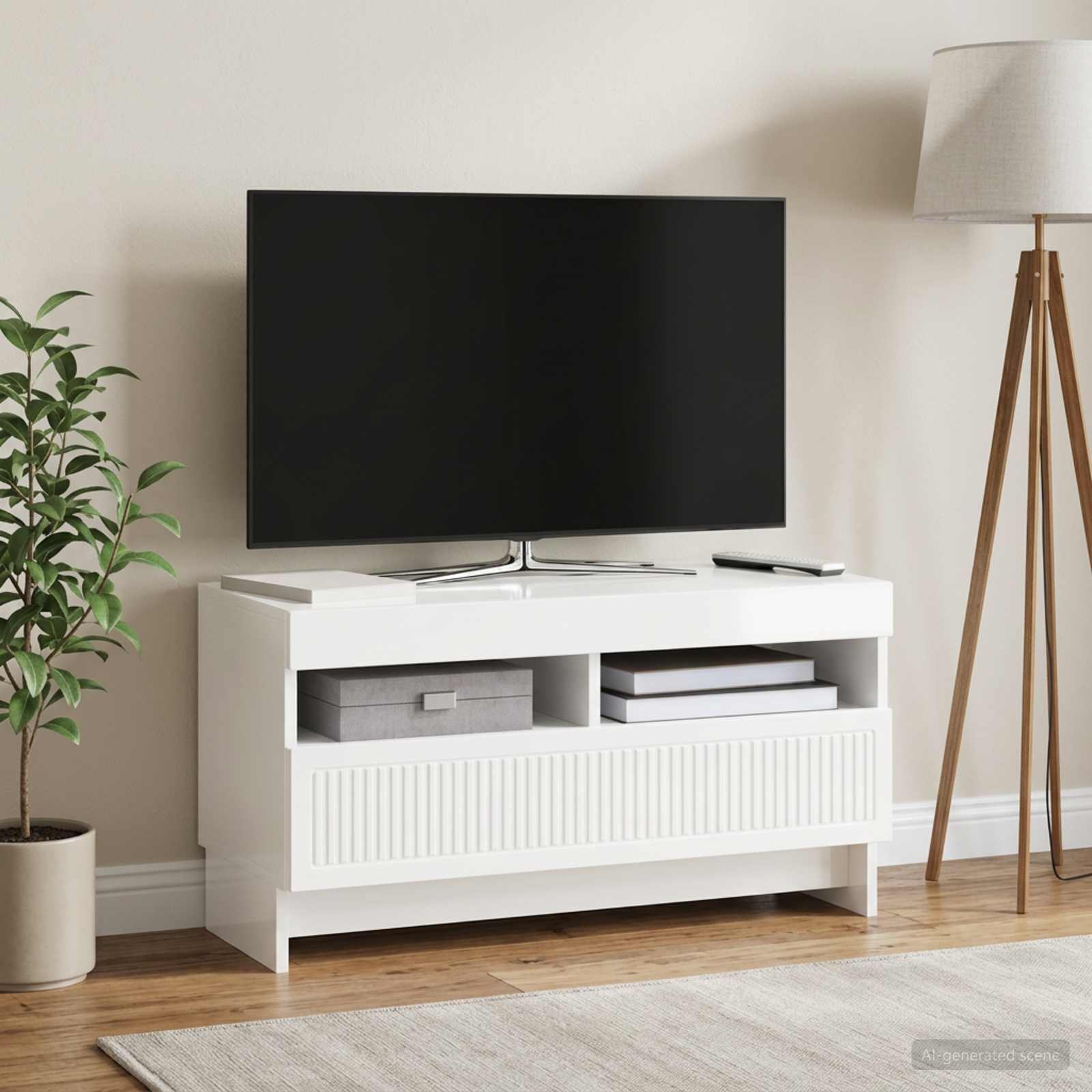 LED televizoriaus spintelė Itin blizgi balta Apdirbta mediena