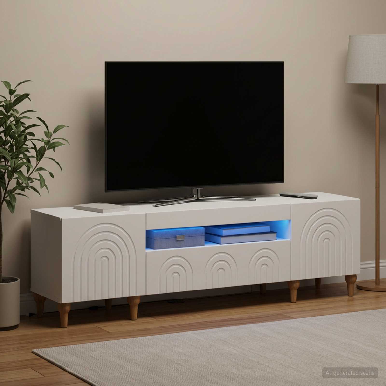 LED televizoriaus spintelė Balta Apdirbta mediena