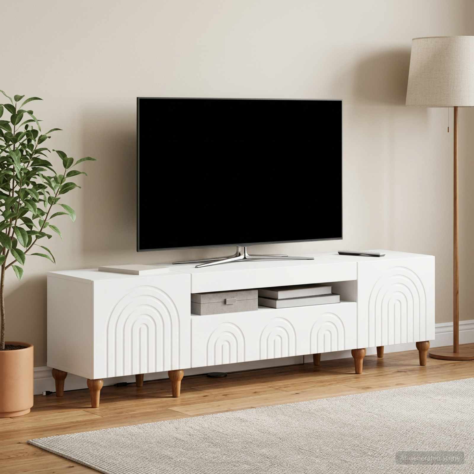 LED televizoriaus spintelė Balta Apdirbta mediena