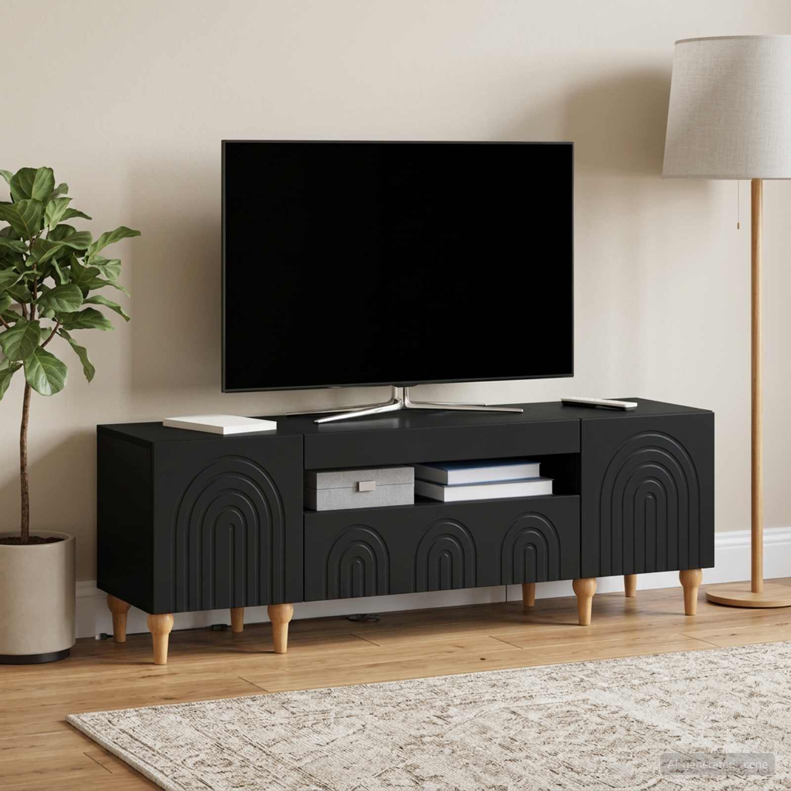 LED televizoriaus spintelė Juoda Apdirbta mediena