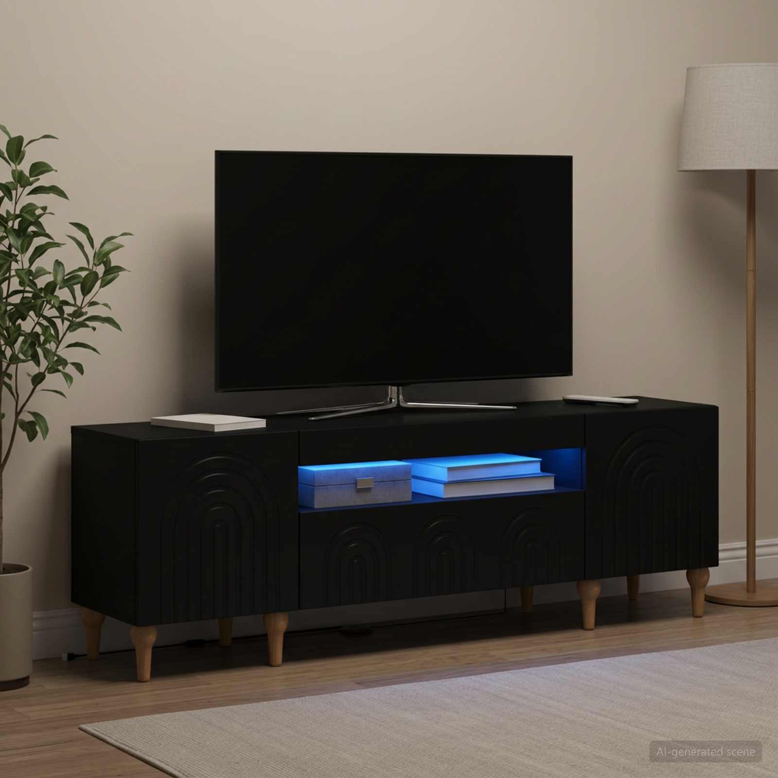 LED televizoriaus spintelė Juoda Apdirbta mediena