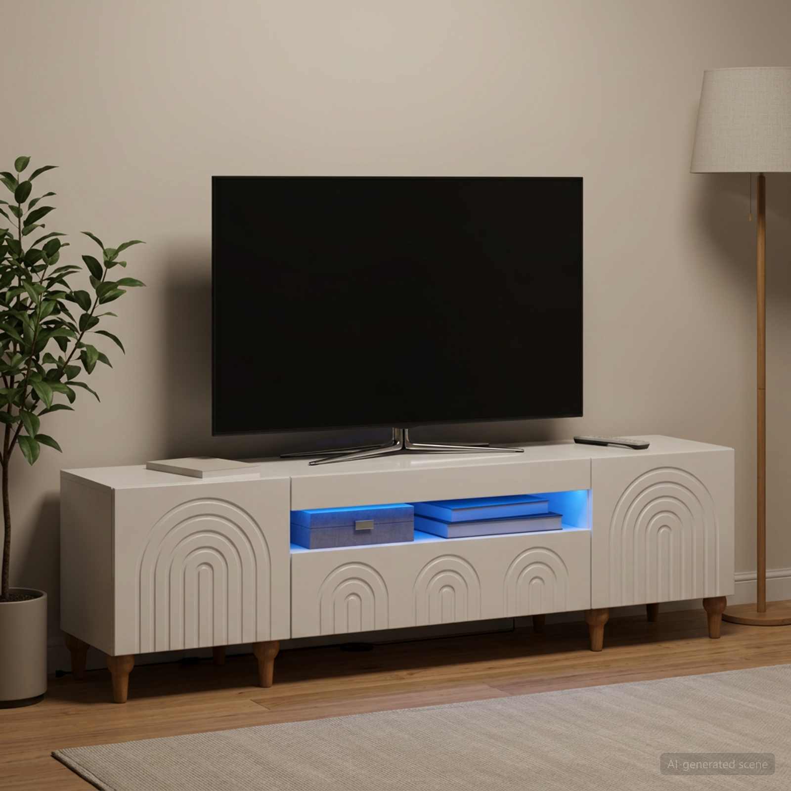 LED televizoriaus spintelė Itin blizgi balta Apdirbta mediena