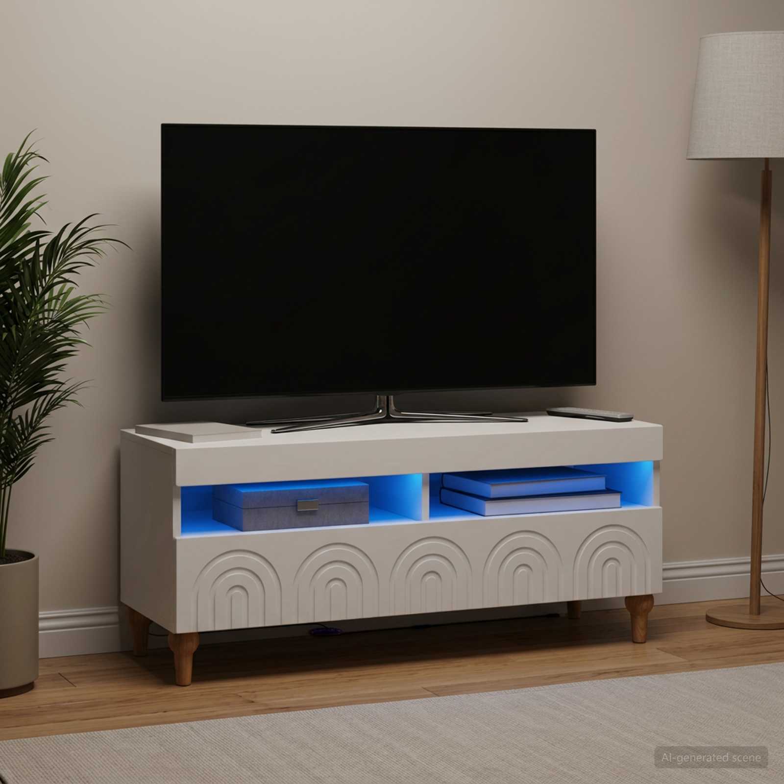 LED televizoriaus spintelė Balta Apdirbta mediena