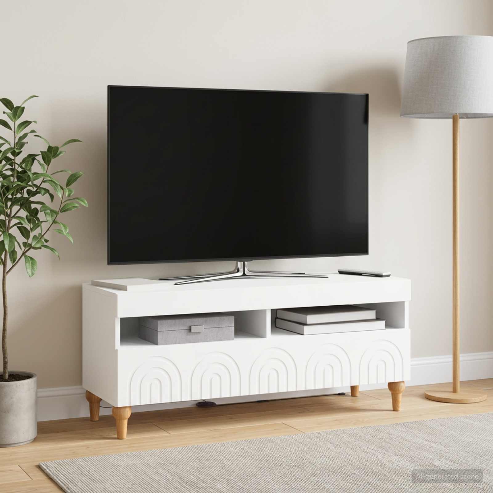 LED televizoriaus spintelė Balta Apdirbta mediena