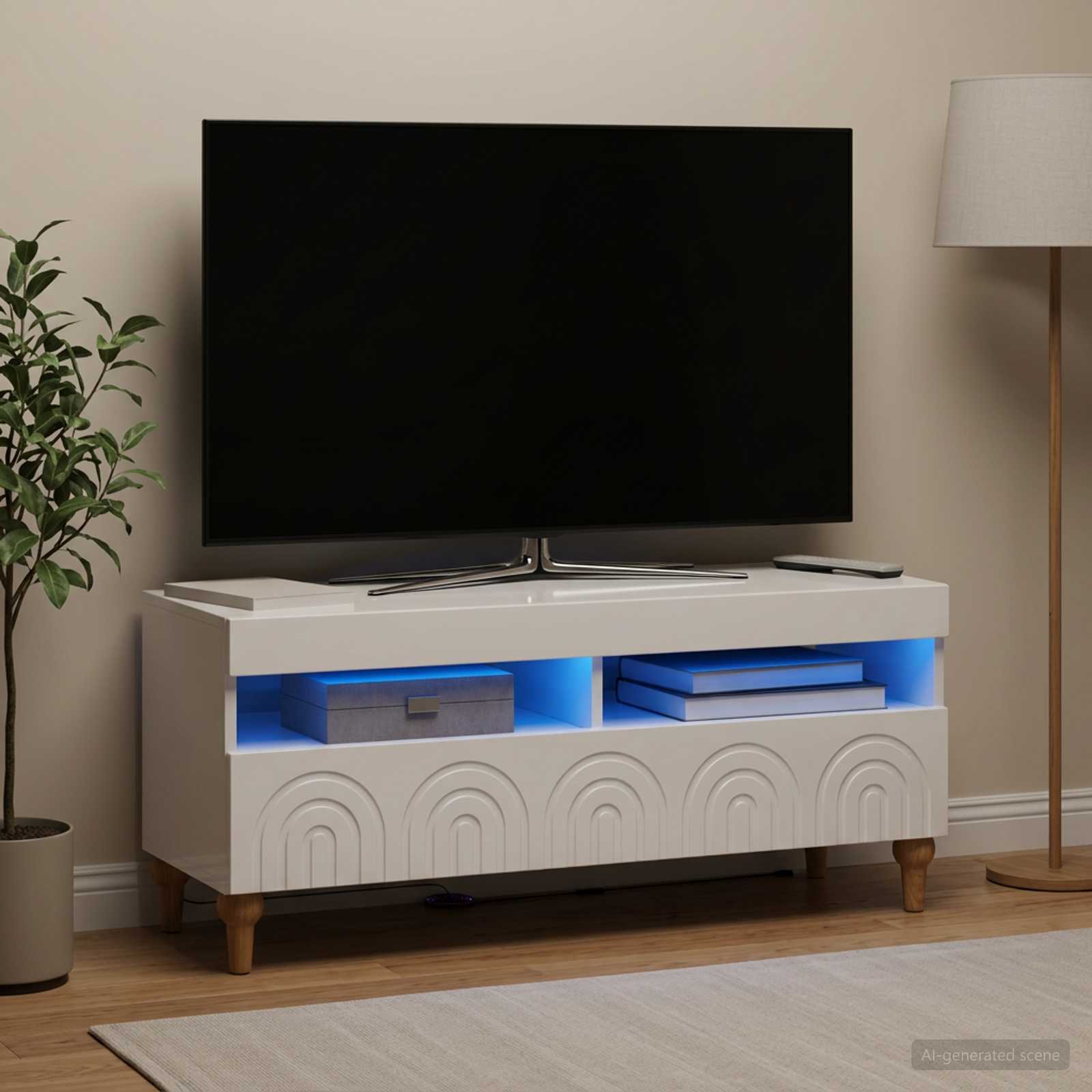 LED televizoriaus spintelė Itin blizgi balta Apdirbta mediena