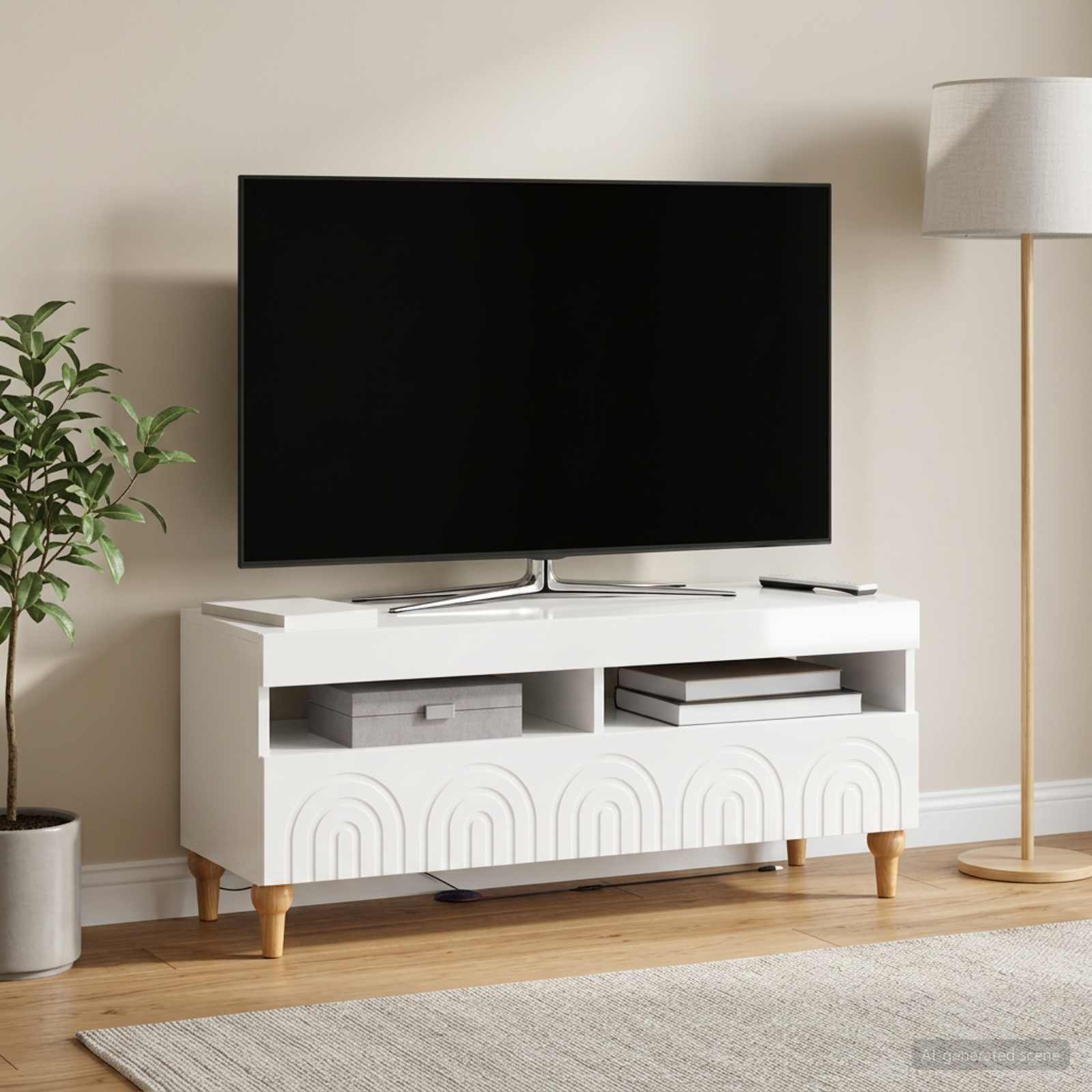 LED televizoriaus spintelė Itin blizgi balta Apdirbta mediena