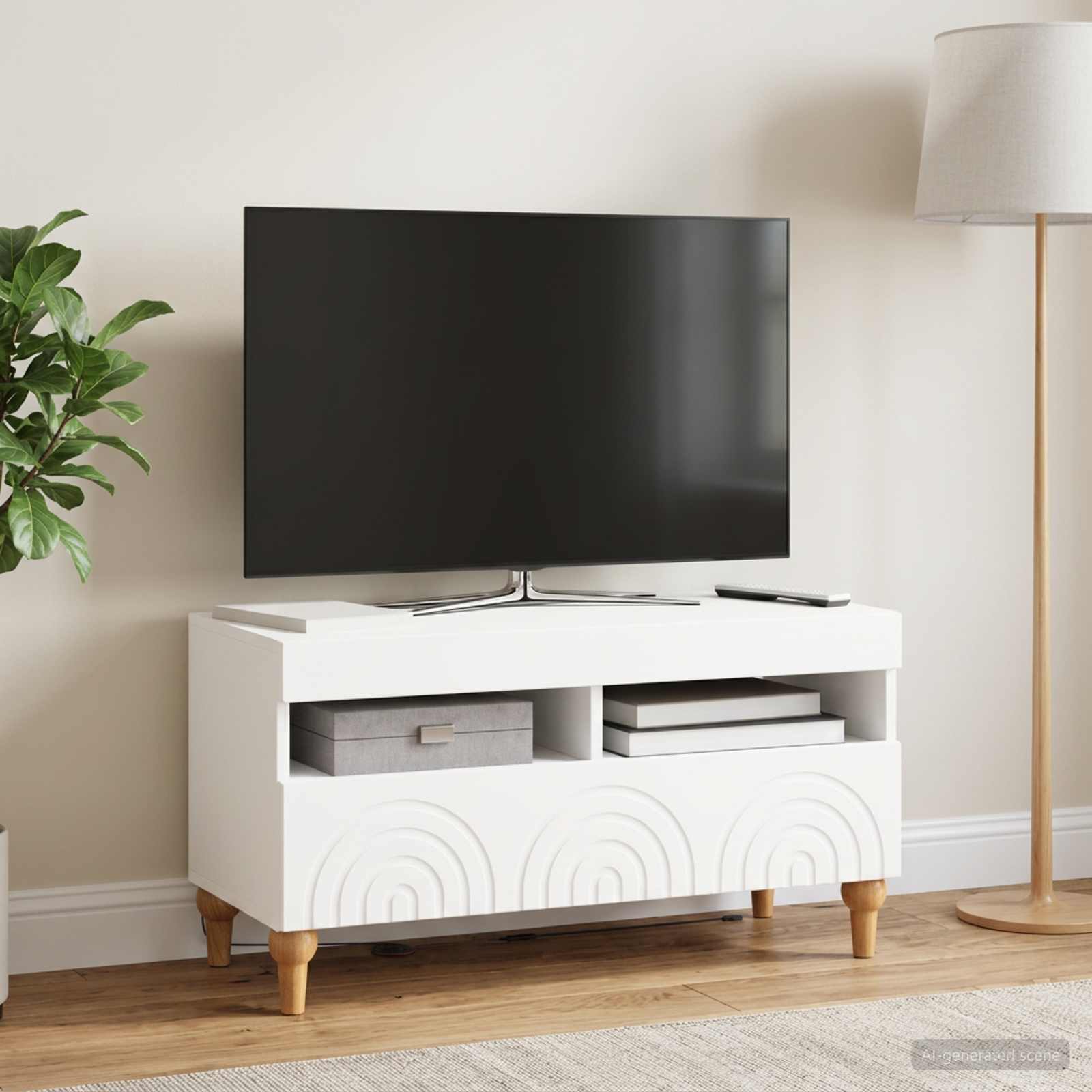 LED televizoriaus spintelė Balta Apdirbta mediena