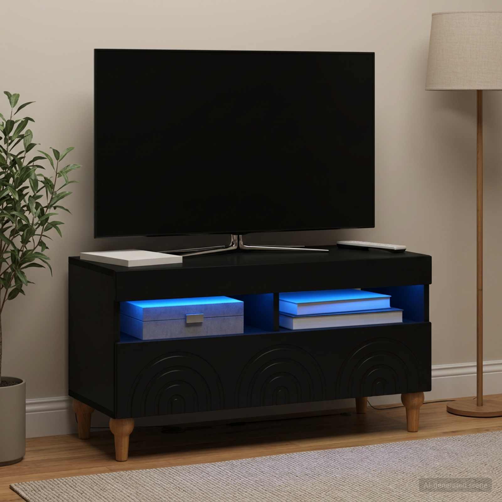 LED televizoriaus spintelė Juoda Apdirbta mediena