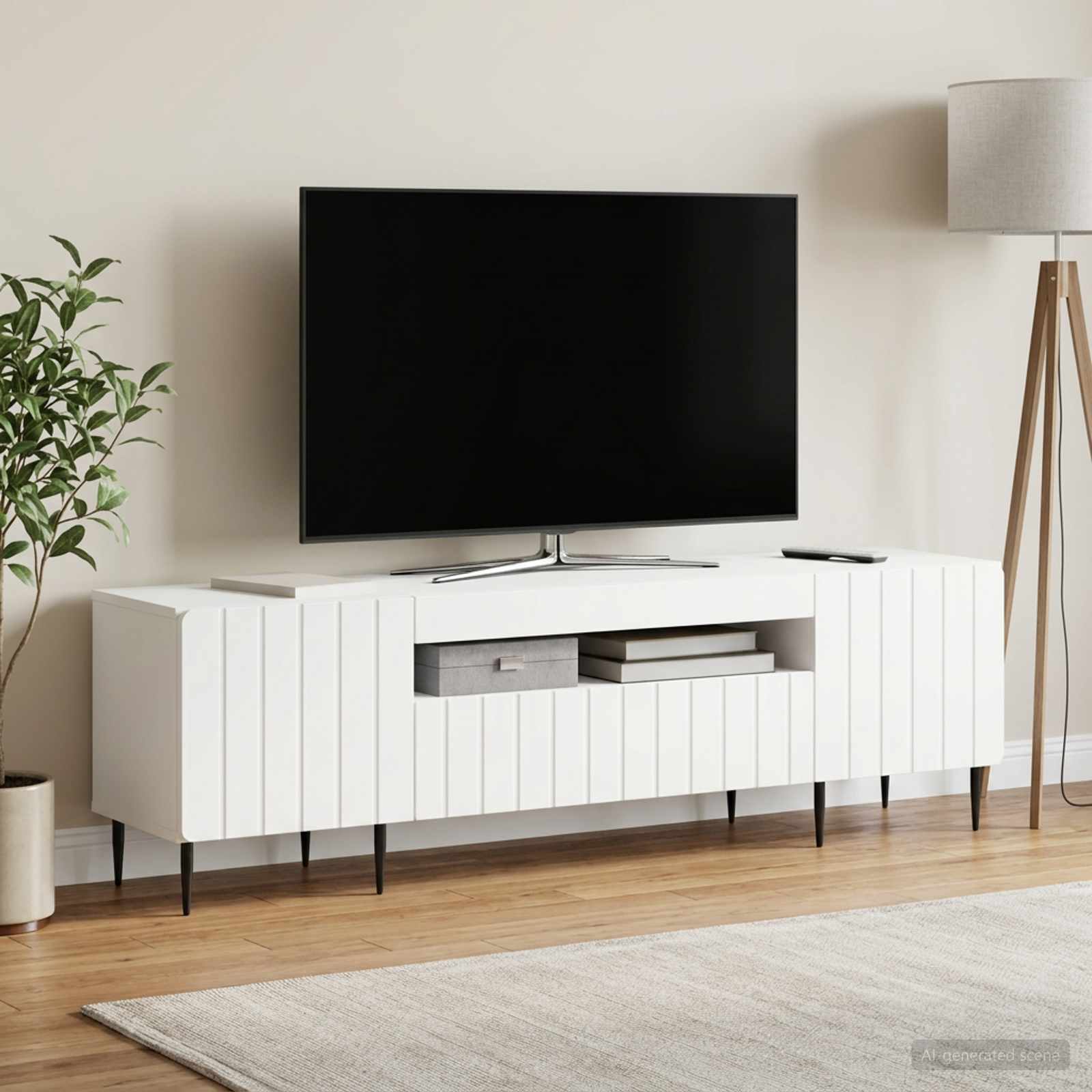 LED televizoriaus spintelė Balta Apdirbta mediena
