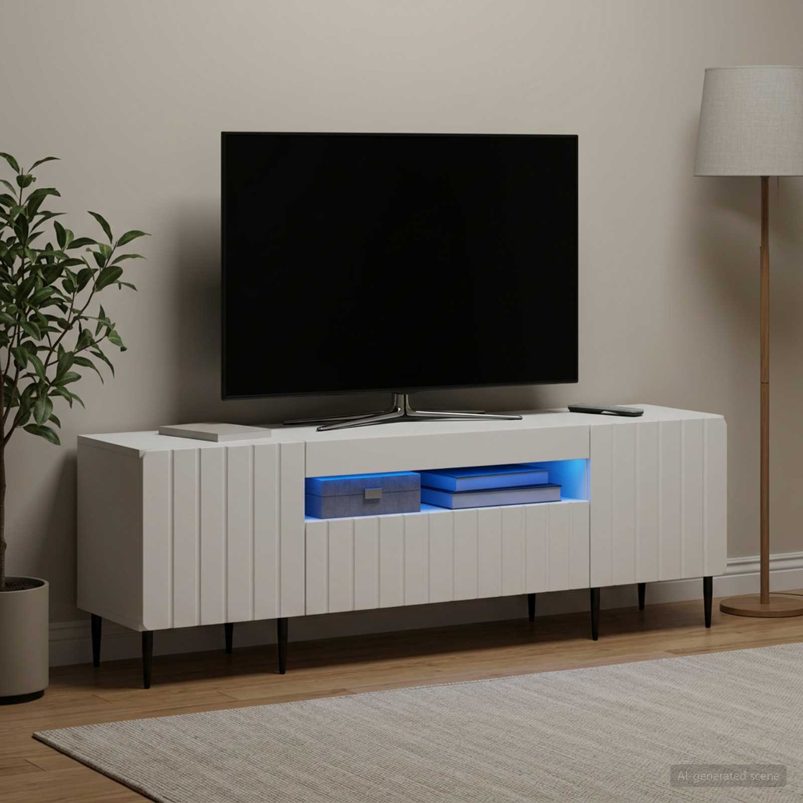 LED televizoriaus spintelė Balta Apdirbta mediena
