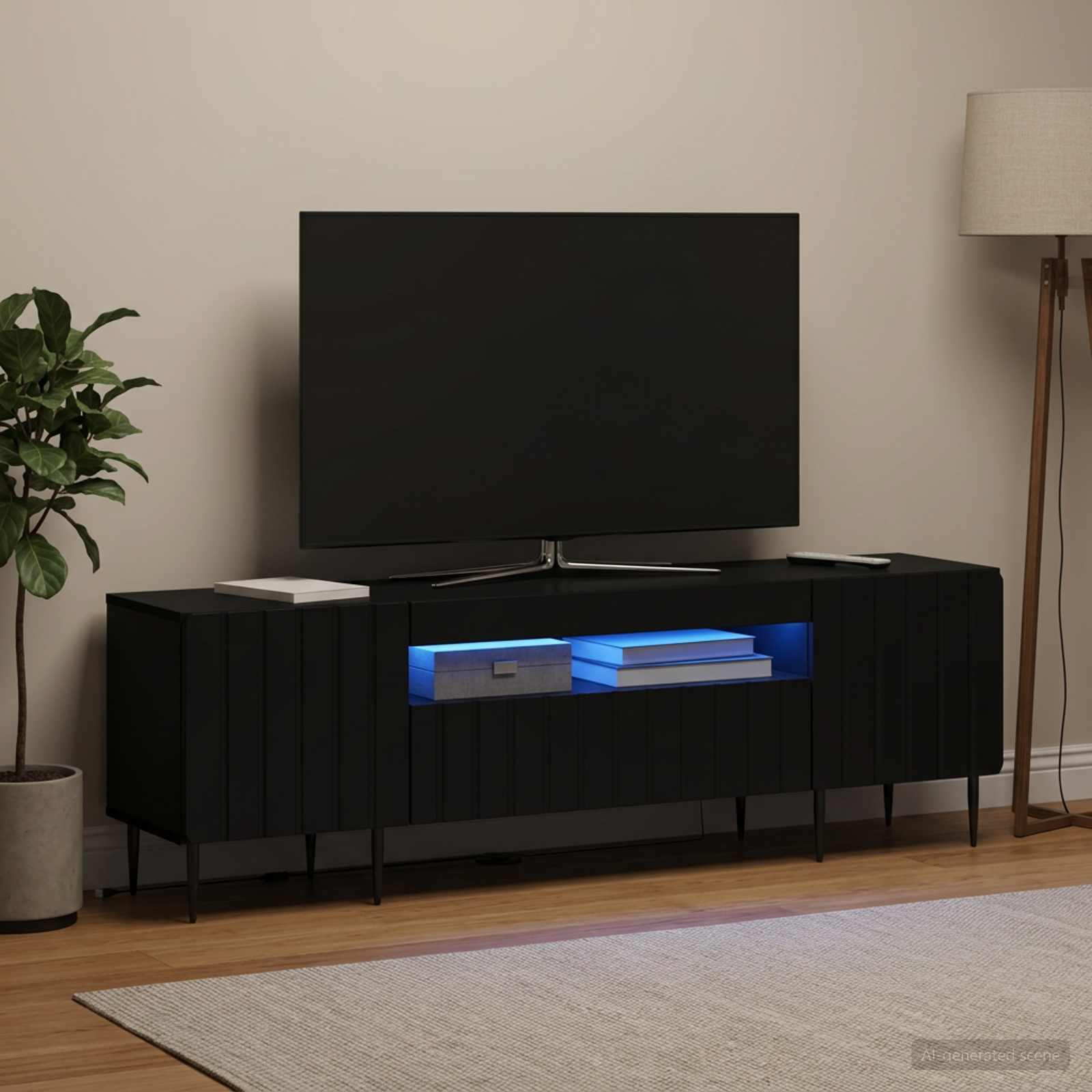 LED televizoriaus spintelė Juoda Apdirbta mediena