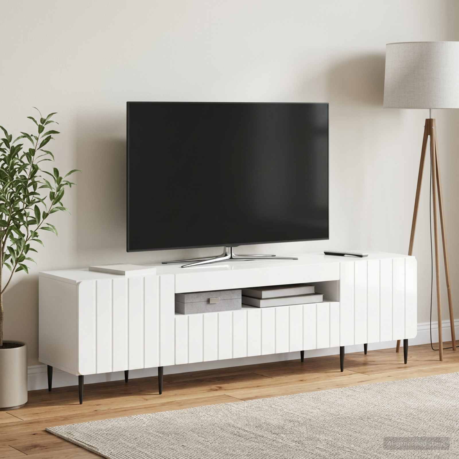 LED televizoriaus spintelė Itin blizgi balta Apdirbta mediena