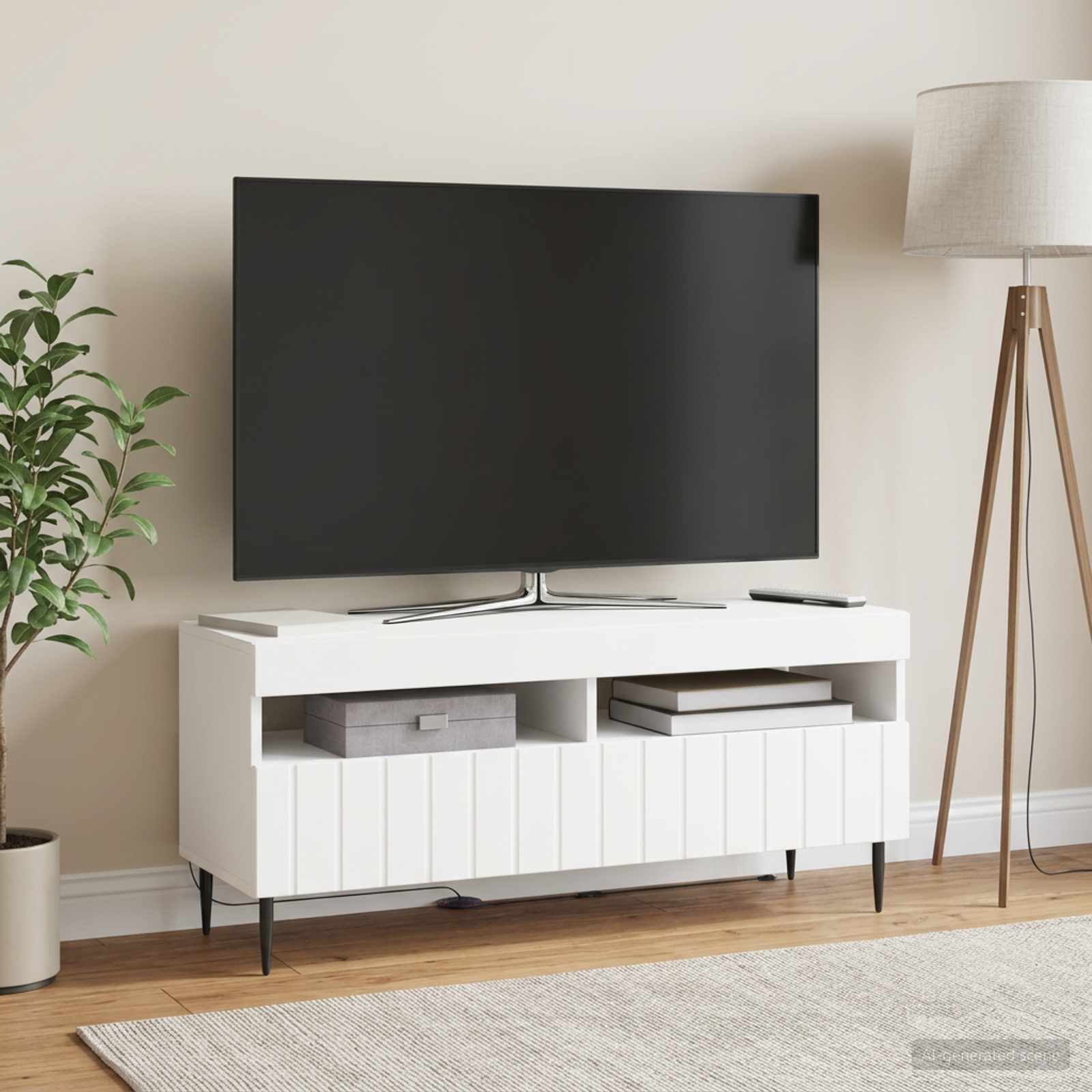 LED televizoriaus spintelė Balta Apdirbta mediena