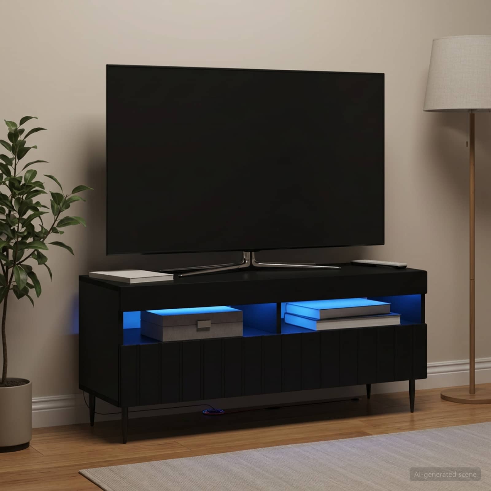 LED televizoriaus spintelė Juoda Apdirbta mediena