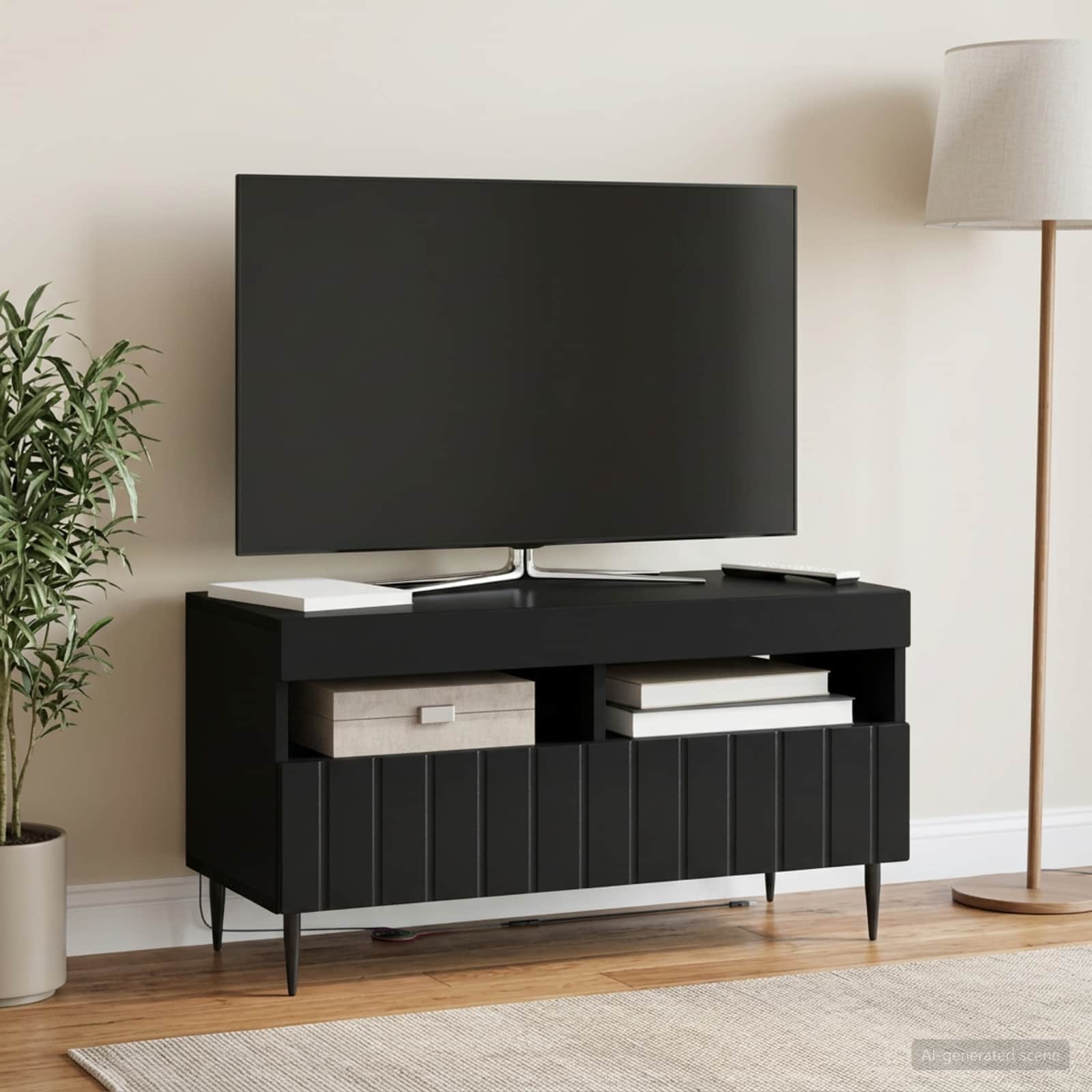 LED televizoriaus spintelė Juoda Apdirbta mediena