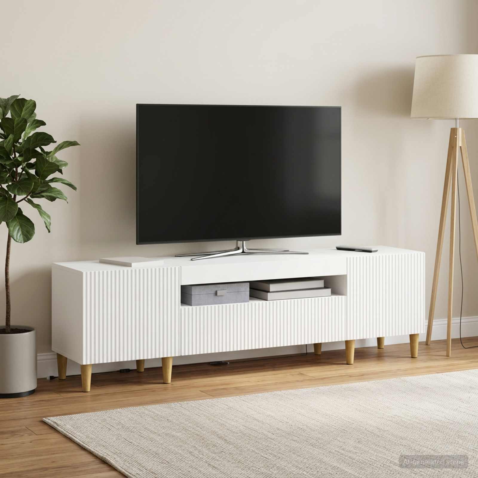 LED televizoriaus spintelė Balta Apdirbta mediena