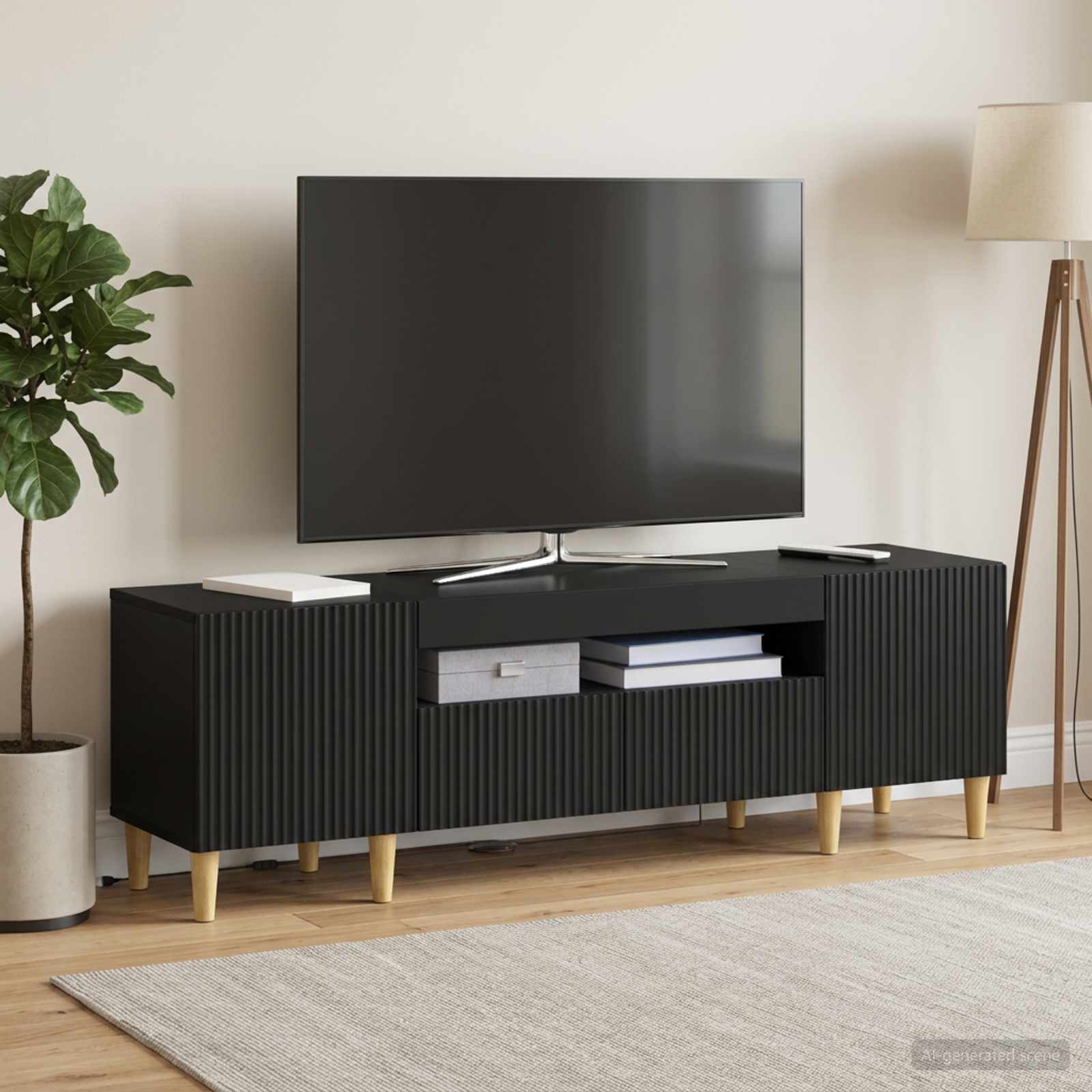 LED televizoriaus spintelė Juoda Apdirbta mediena