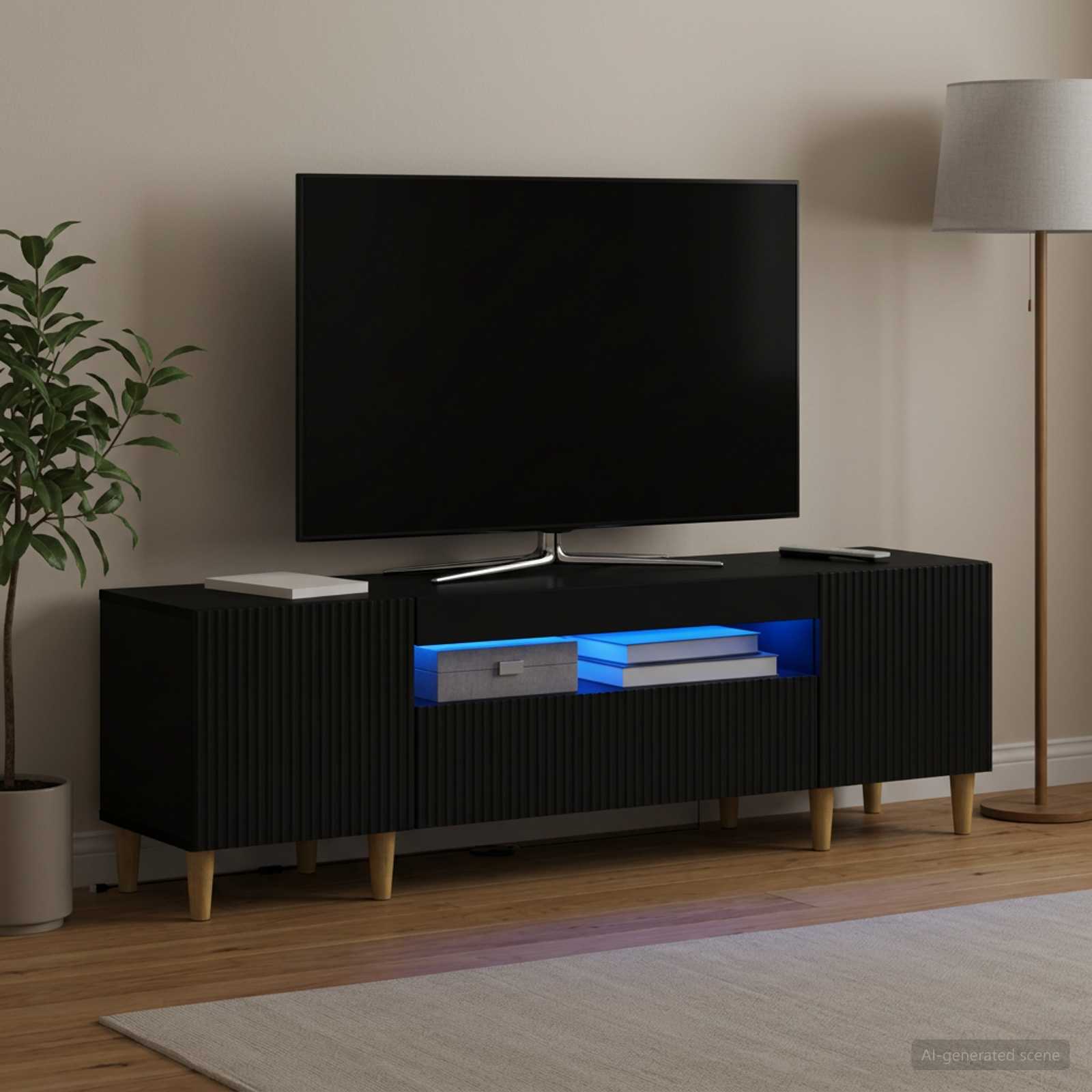 LED televizoriaus spintelė Juoda Apdirbta mediena